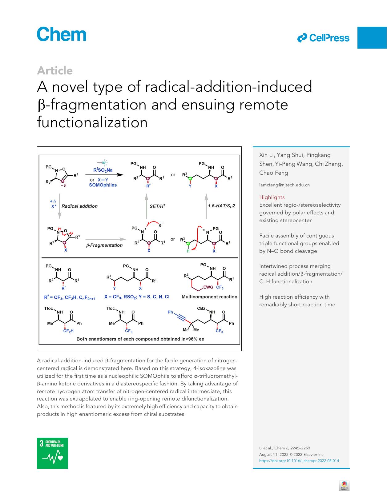 A novel type of radical-addition-induced &beta;-fragmentation and ensuing remote functionalization by Xin Li & Yang Shui & Pingkang Shen & Yi-Peng Wang & Chi Zhang & Chao Feng