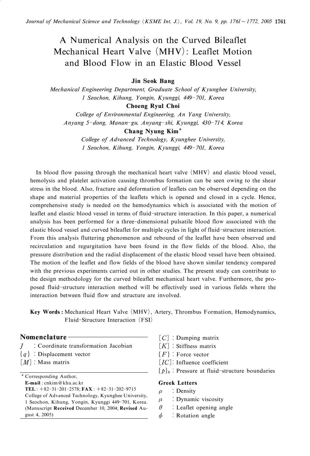 A numerical analysis on the curved bileaflet mechanical heart valve (mhv): leaflet motion and blood flow in an elastic blood vessel by Unknown