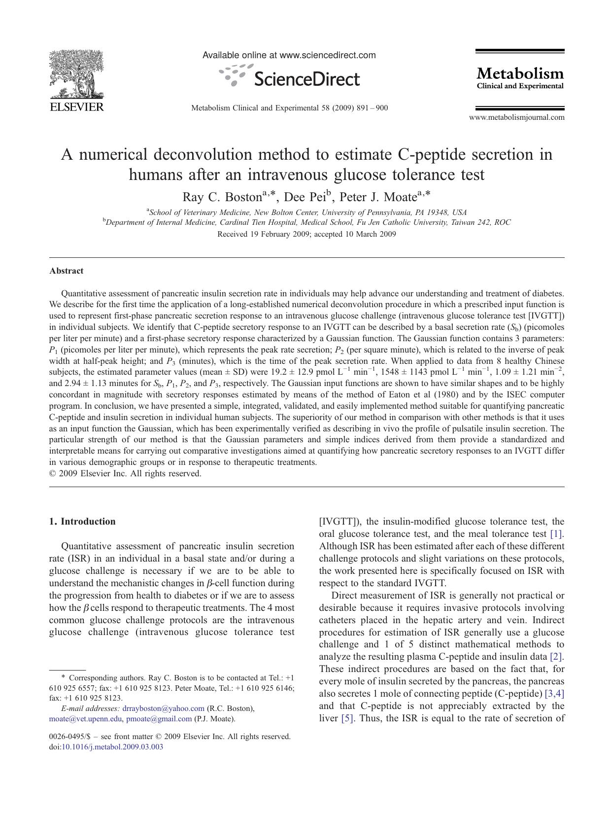 A numerical deconvolution method to estimate C-peptide secretion in humans after an intravenous glucose tolerance test by Ray C. Boston; Dee Pei; Peter J. Moate