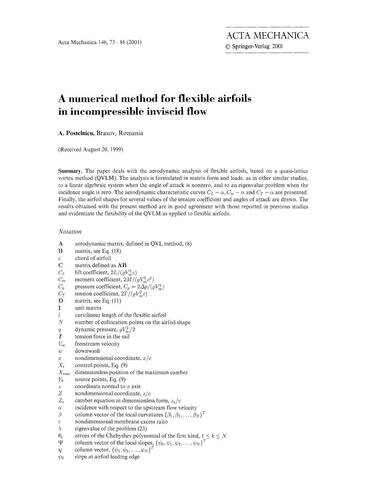 A numerical method for flexible airfoils in incompressible inviscid flow by Unknown