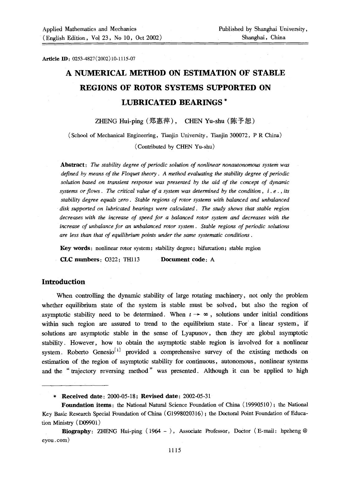 A numerical method on estimation of stable regions of rotor systems supported on lubricated bearings by Unknown