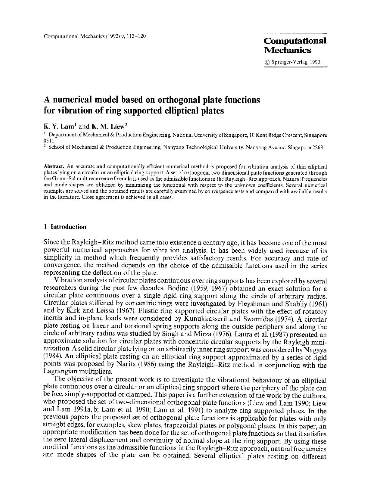 A numerical model based on orthogonal plate functions for vibration of ring supported elliptical plates by Unknown