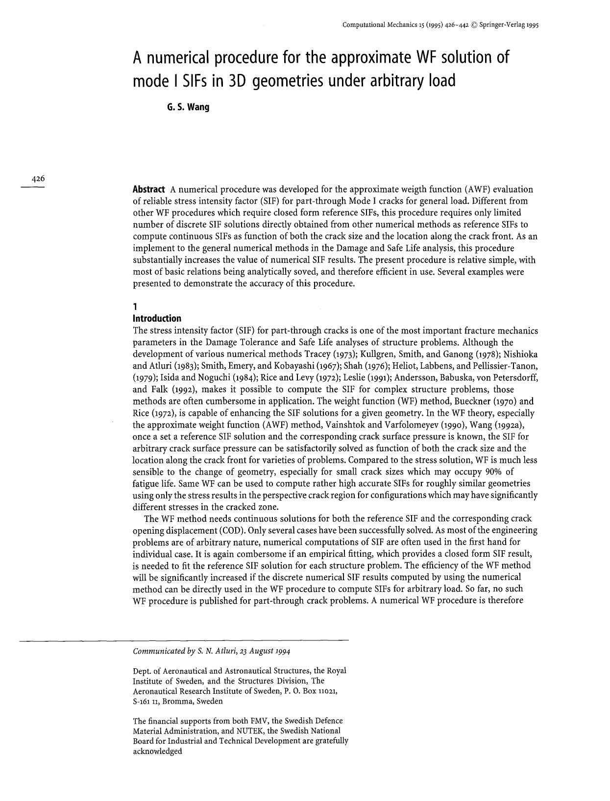 A numerical procedure for the approximate WF solution of mode I SIFs in 3D geometries under arbitrary load by Unknown