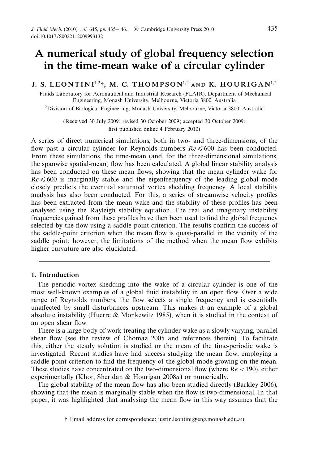 A numerical study of global frequency selection in the time-mean wake of a circular cylinder by J. S. LEONTINI M. C. THOMPSON K. HOURIGAN