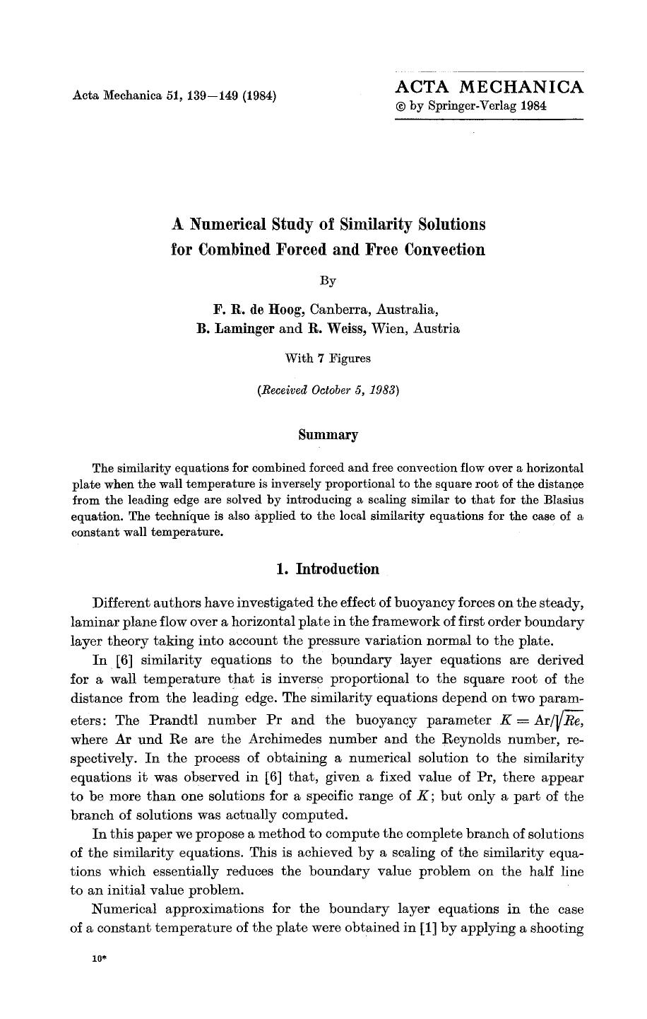A numerical study of similarity solutions for combined forced and free convection by Unknown
