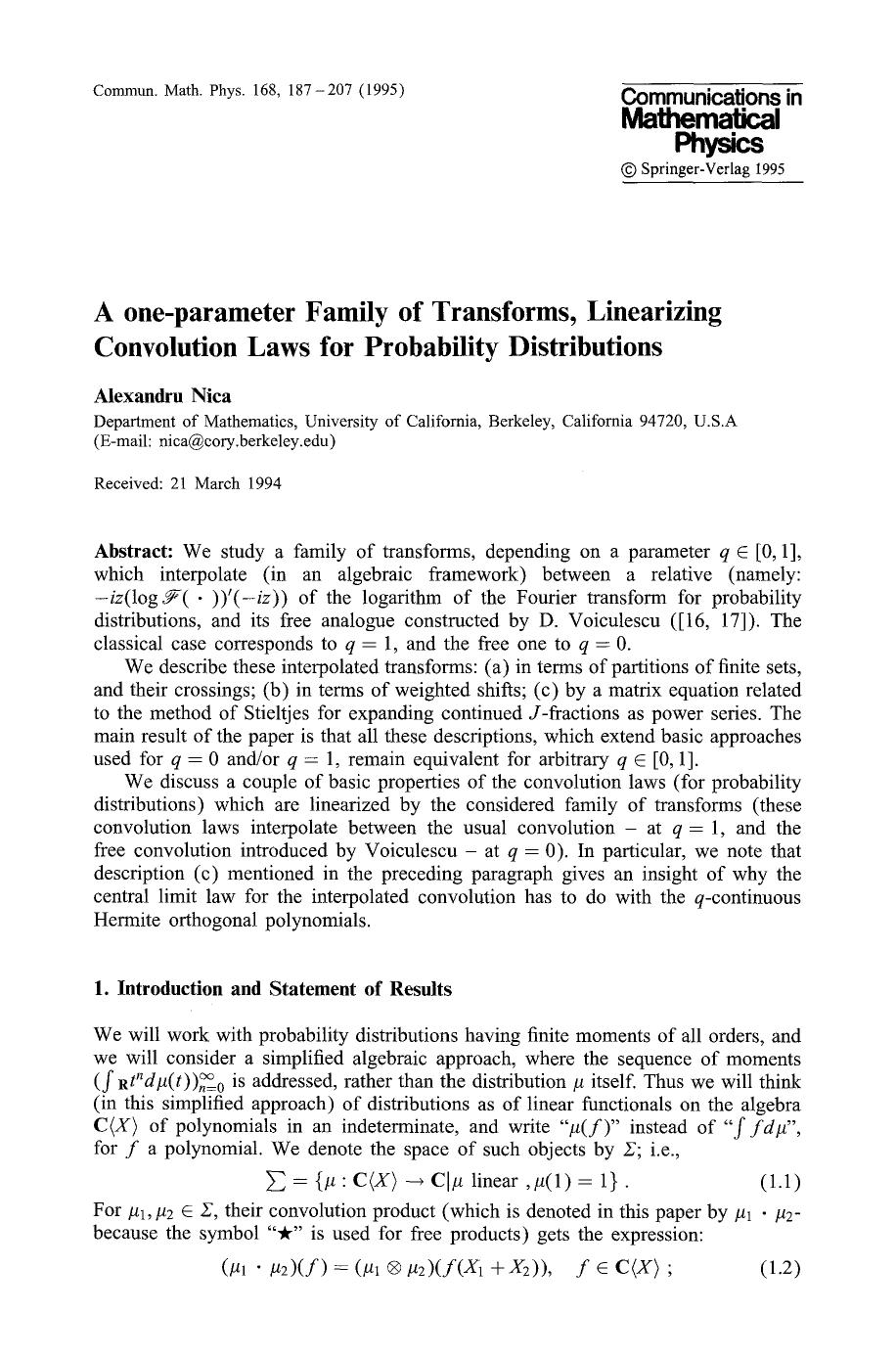 A one-parameter family of transforms, linearizing convolution laws for probability distributions by Unknown