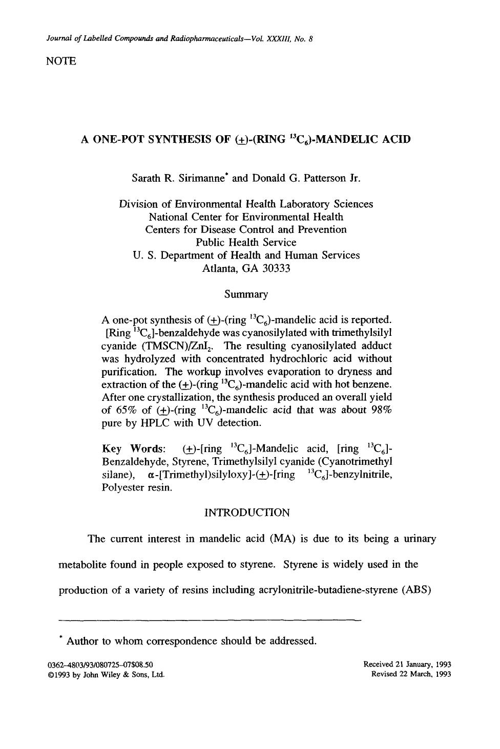 A one-pot synthesis of (Â±)-(ring 13C6)-mandelic acid by Unknown