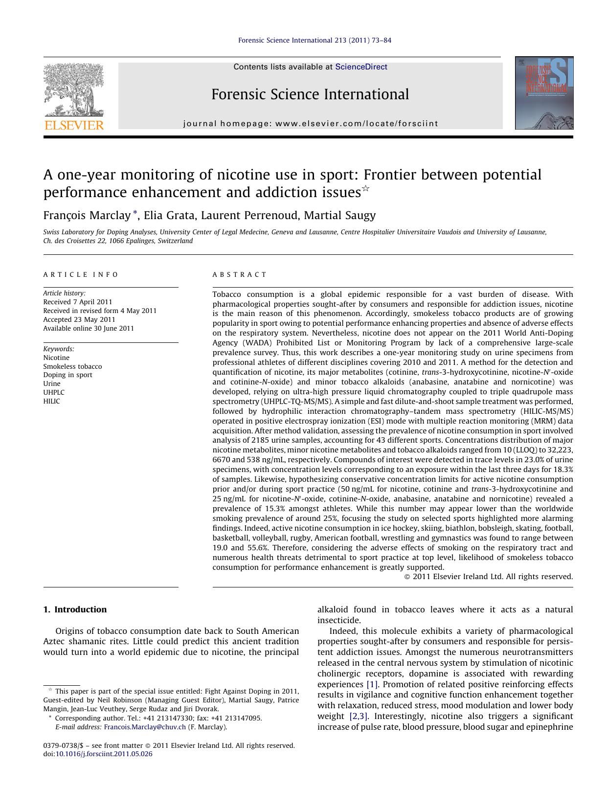A one-year monitoring of nicotine use in sport: Frontier between potential performance enhancement and addiction issues by FranÃ§ois Marclay