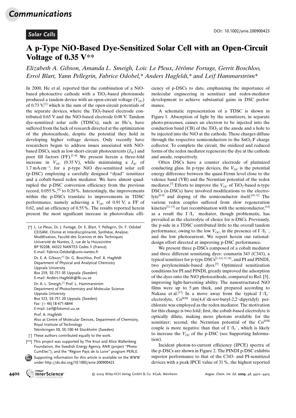 A p-Type NiO-Based Dye-Sensitized Solar Cell with an Open-Circuit Voltage of 0.35[emsp14]V by Unknown