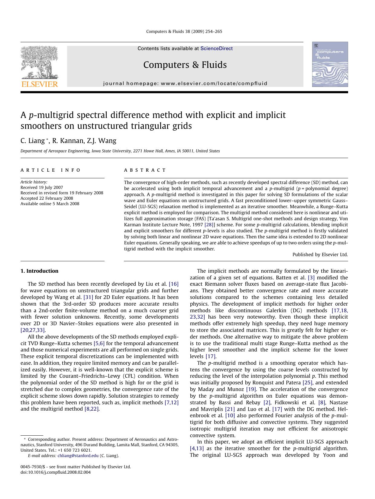 A p-multigrid spectral difference method with explicit and implicit smoothers on unstructured triangular grids by C. Liang; R. Kannan; Z.J. Wang