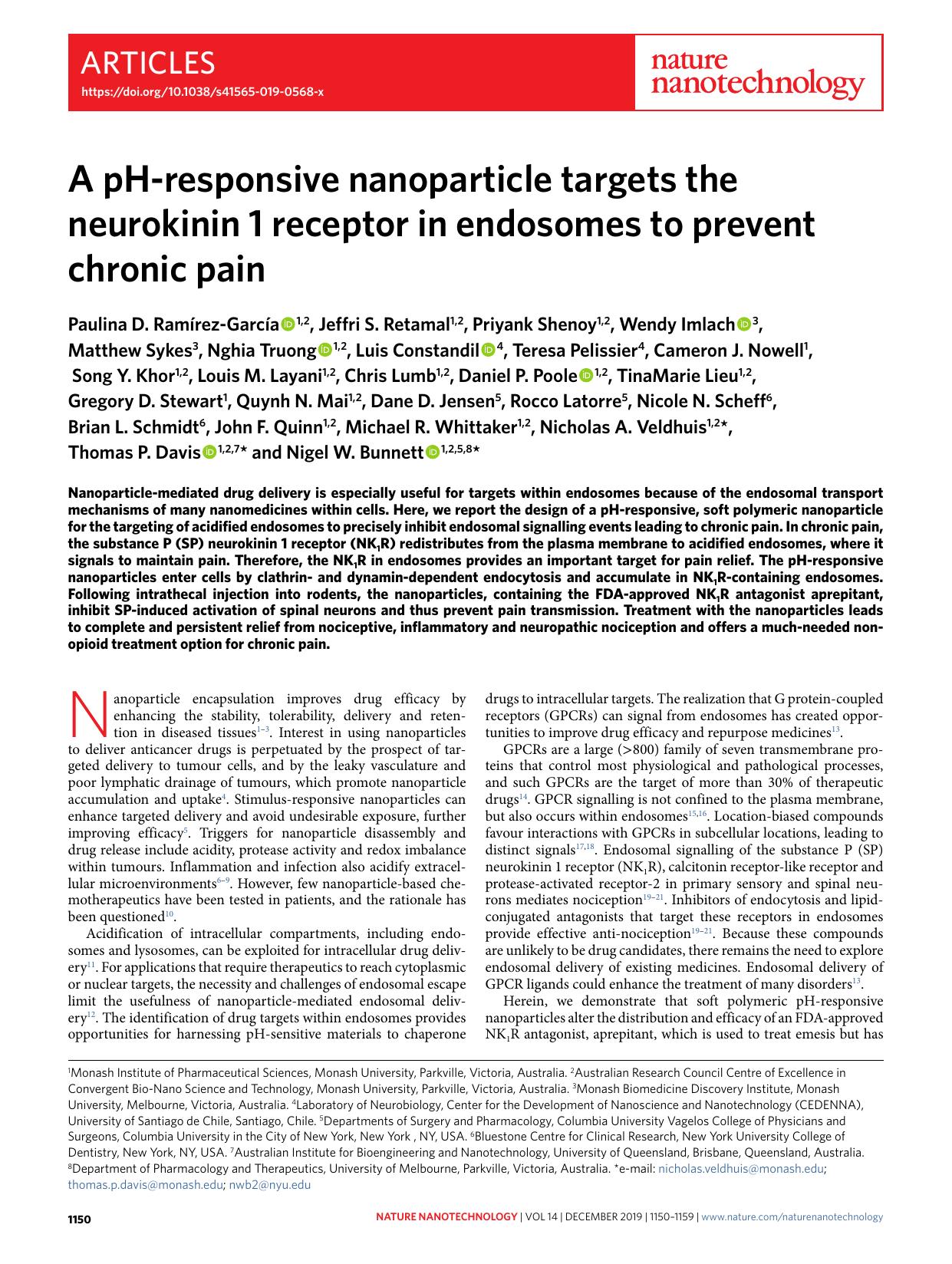 A pH-responsive nanoparticle targets the neurokinin 1 receptor in endosomes to prevent chronic pain by unknow