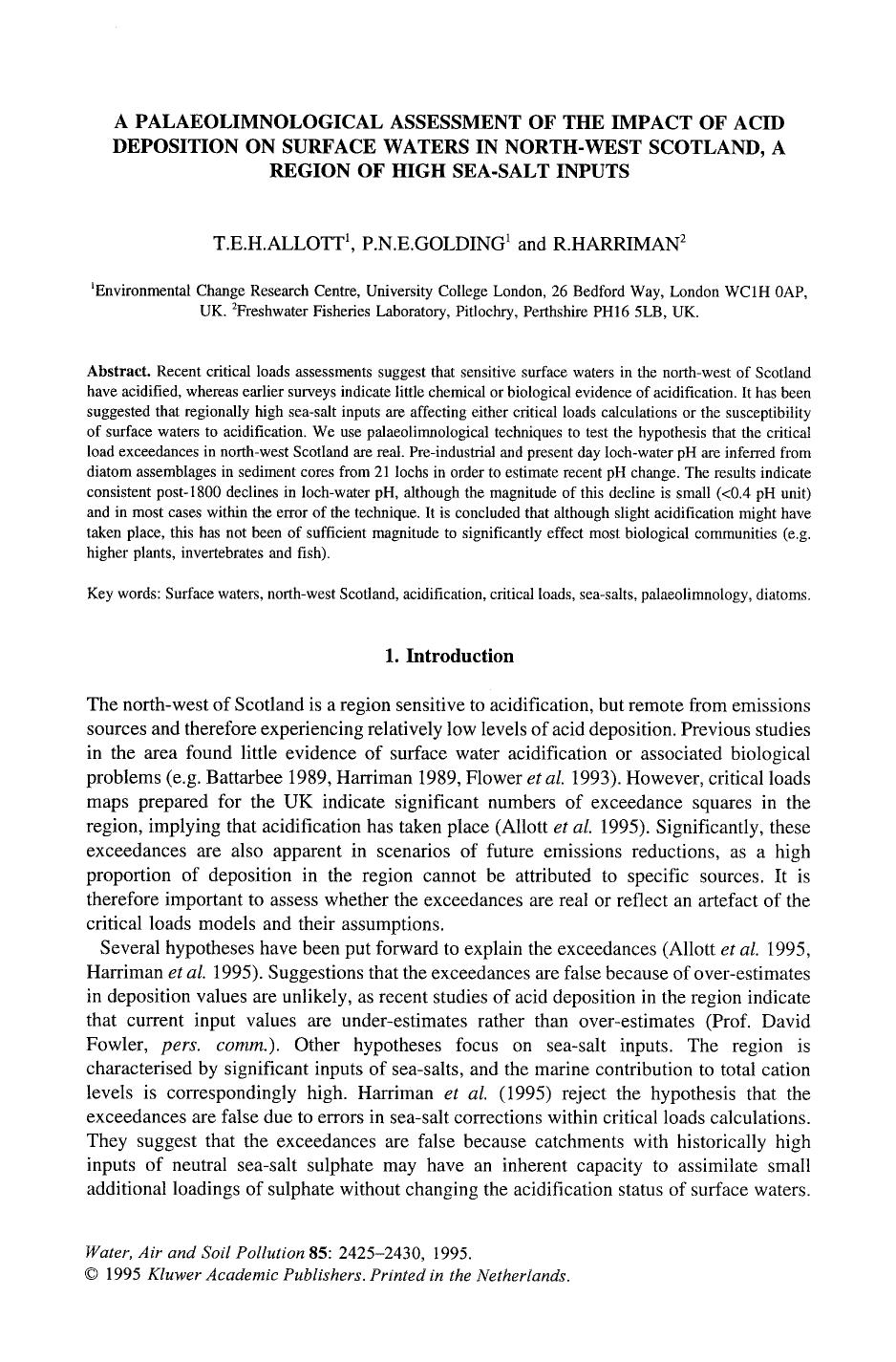 A palaeolimnological assessment of the impact of acid deposition on surface waters in North-West Scotland, a region of high sea-salt inputs by Unknown