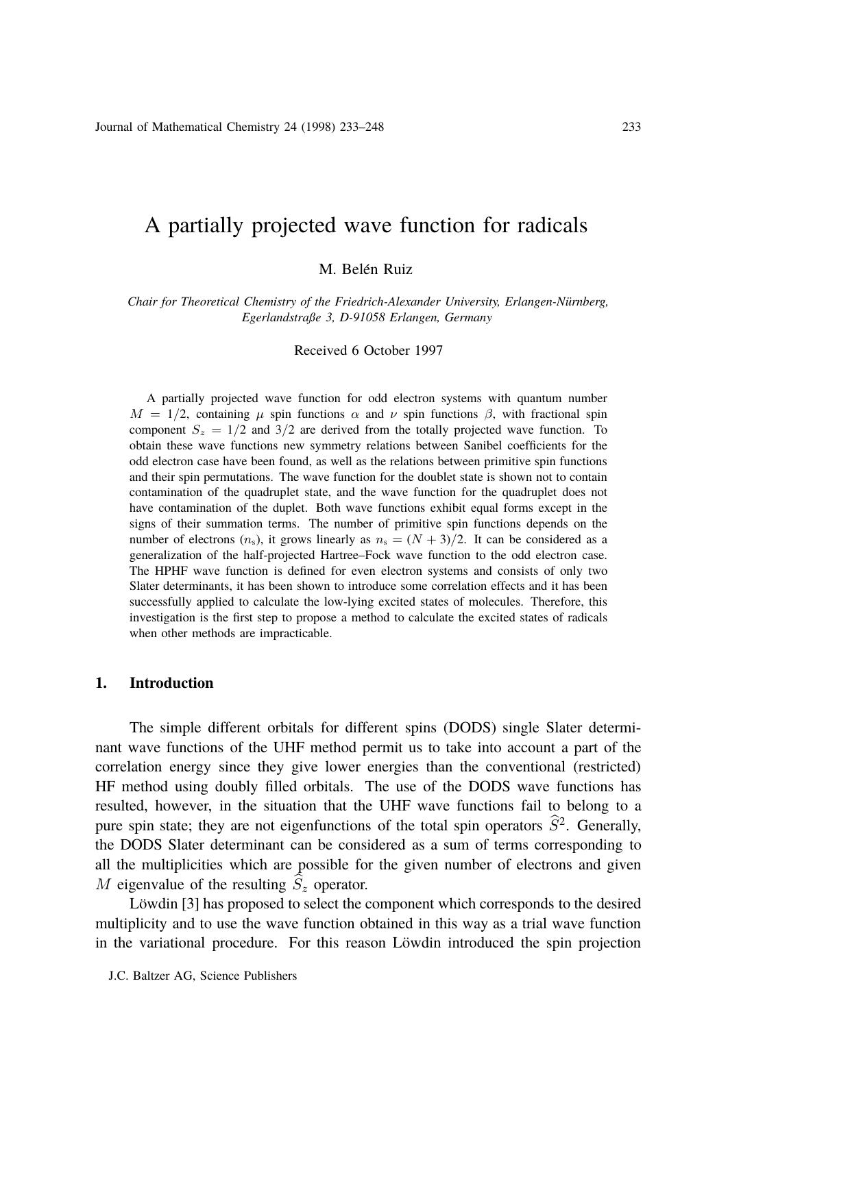 A partially projected wave function for radicals by Unknown