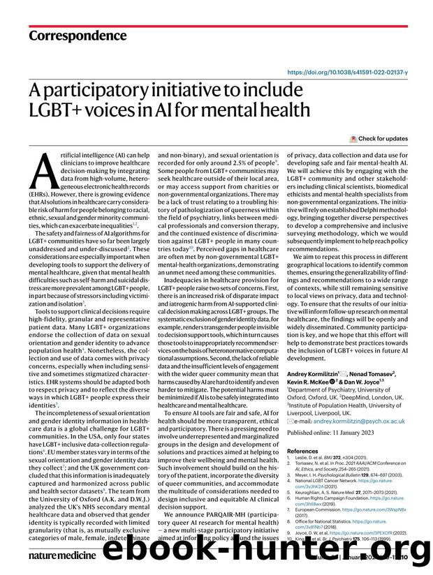 A participatory initiative to include LGBT+ voices in AI for mental health by Andrey Kormilitzin & Nenad Tomasev & Kevin R. McKee & Dan W. Joyce