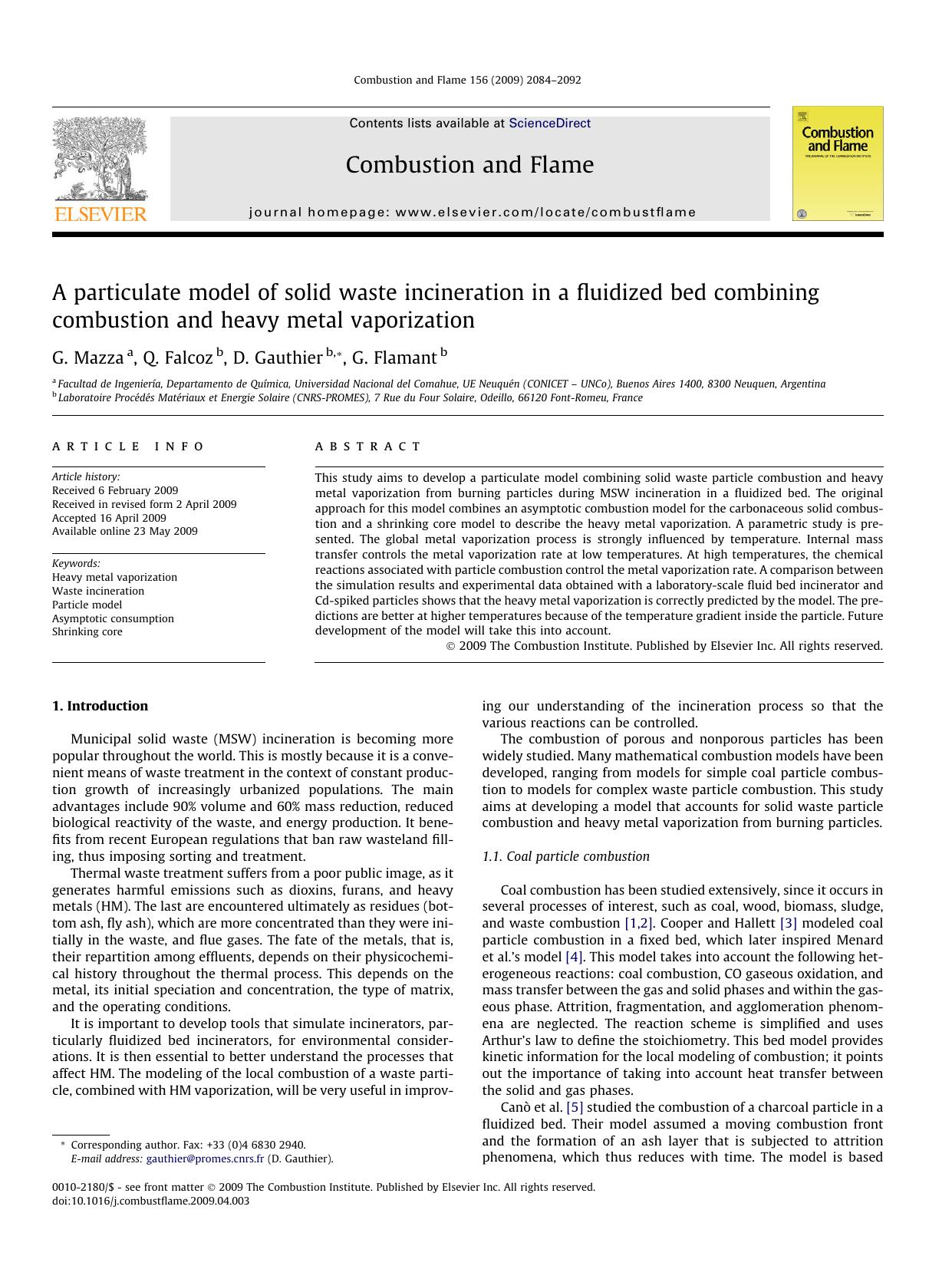 A particulate model of solid waste incineration in a fluidized bed combining combustion and heavy metal vaporization by G. Mazza; Q. Falcoz; D. Gauthier; G. Flamant