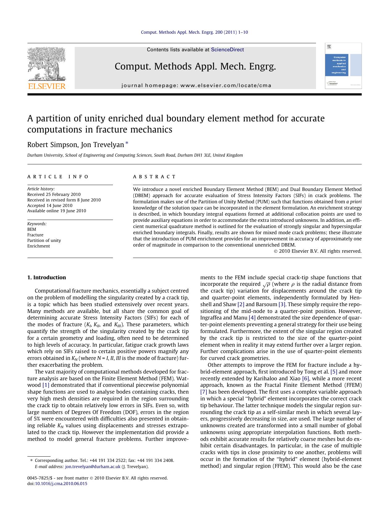 A partition of unity enriched dual boundary element method for accurate computations in fracture mechanics by Robert Simpson & Jon Trevelyan