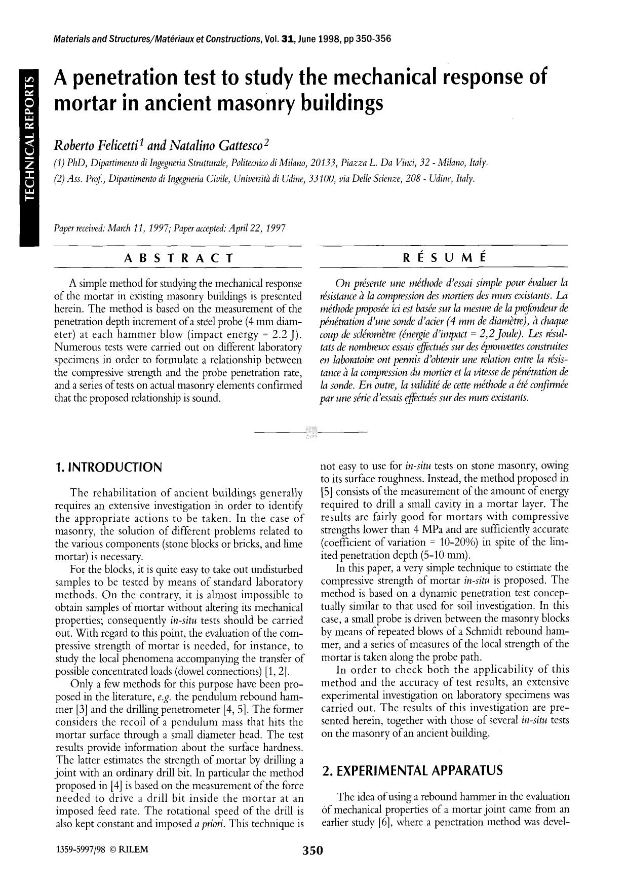 A penetration test to study the mechanical response of mortar in ancient masonry buildings by Unknown