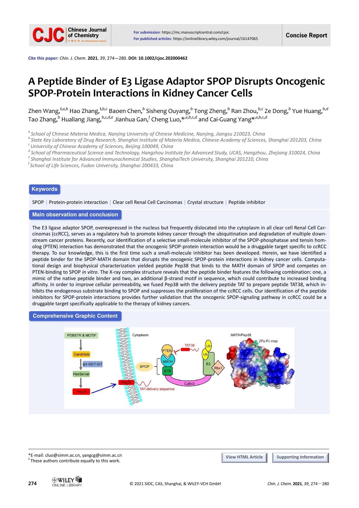 A peptide binder of E3 ligase adaptor SPOP disrupts oncogenic SPOP-protein interactions in kidney cancer cells by unknown