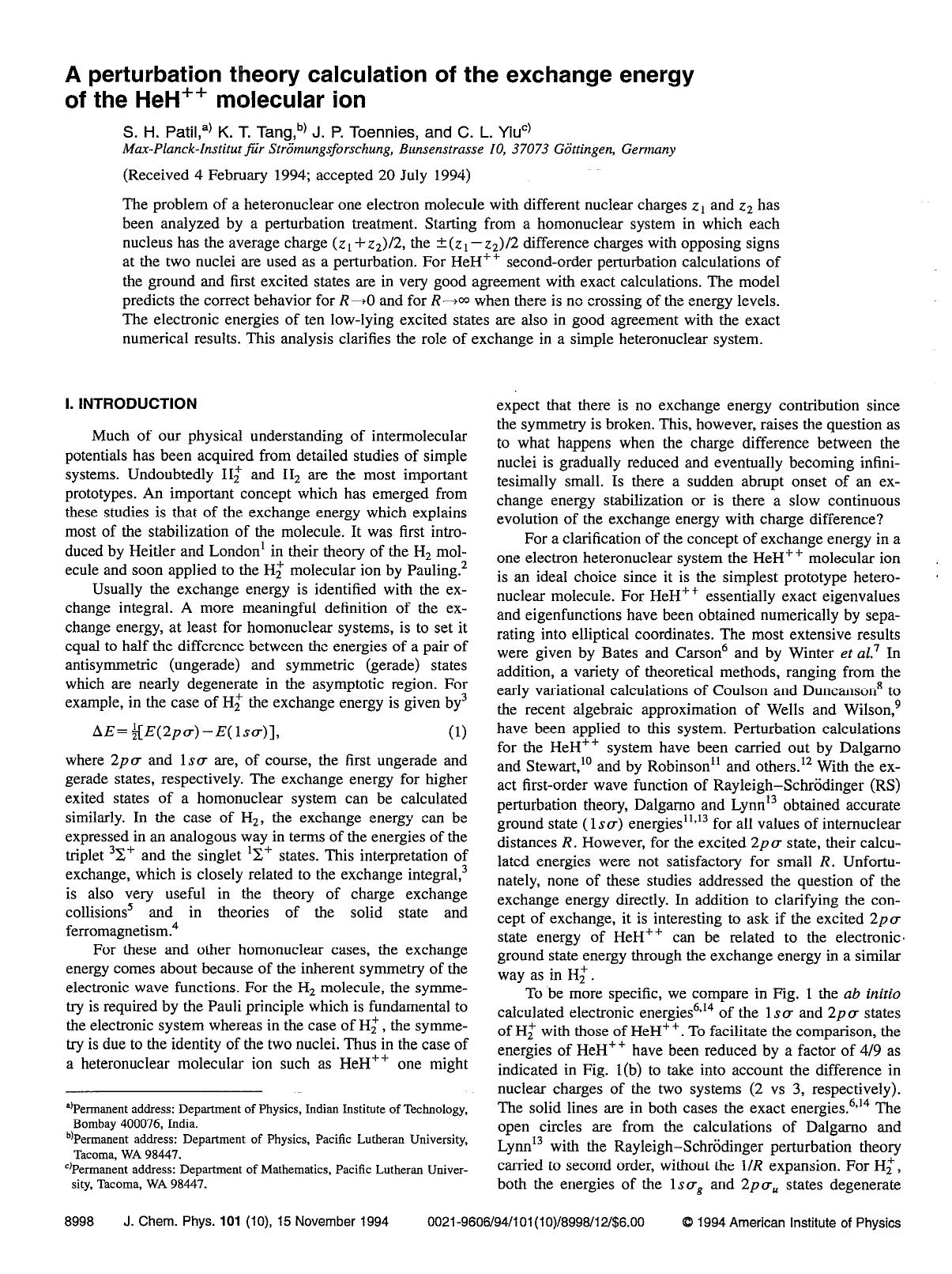 A perturbation theory calculation of the exchange energy of the HeH++ molecular ion by S. H. Patil; K. T. Tang; J. P. Toennies; C. L. Yiu