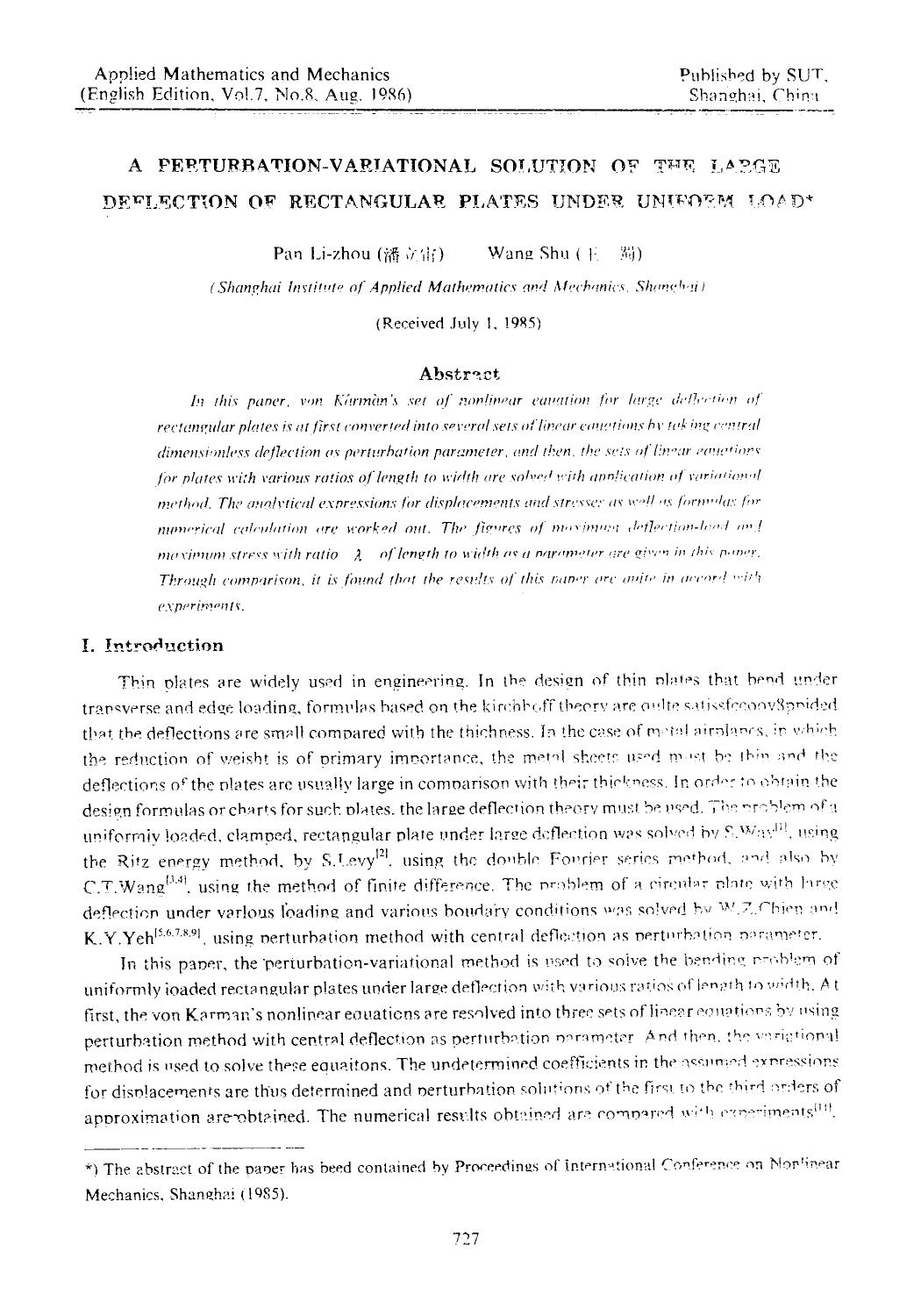 A perturbation-variational solution of the large deflection of rectangular plates under uniform load by Unknown