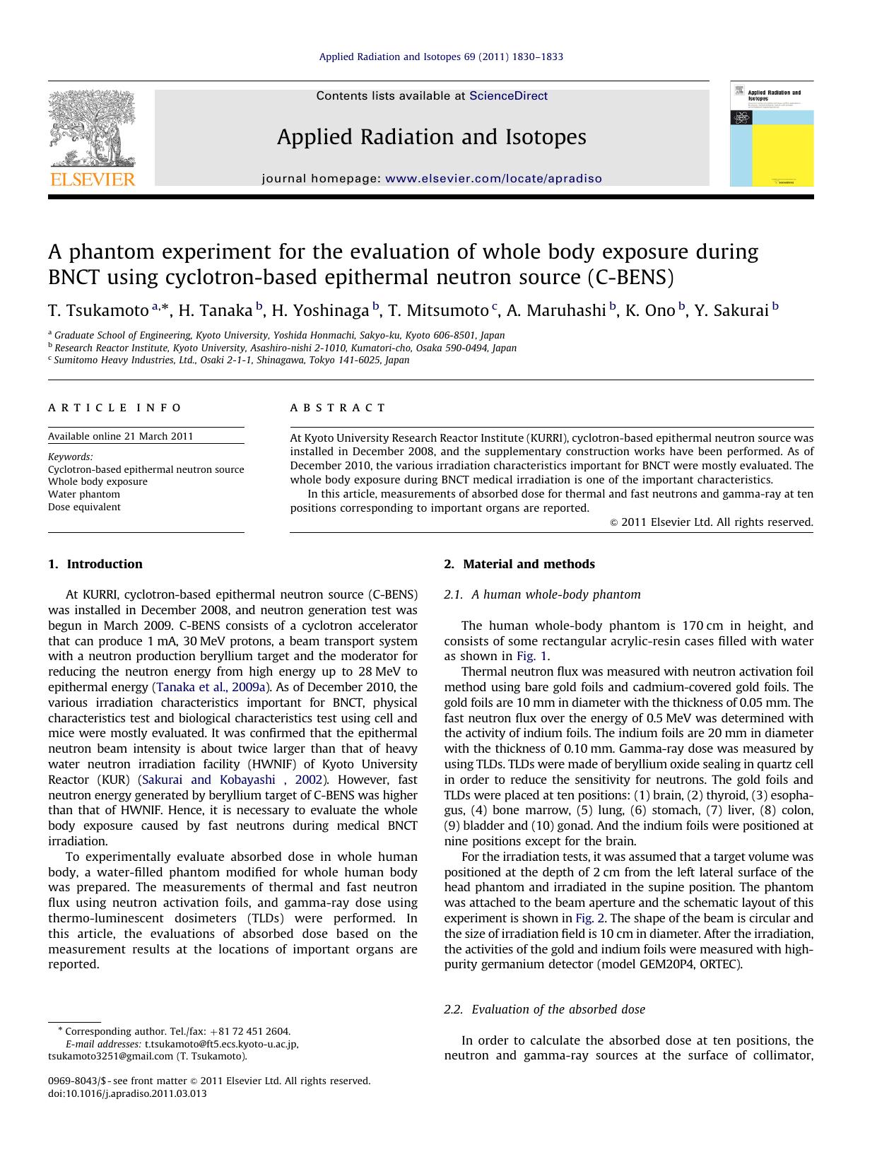 A phantom experiment for the evaluation of whole body exposure during BNCT using cyclotron-based epithermal neutron source (C-BENS) by T. Tsukamoto & H. Tanaka & H. Yoshinaga & T. Mitsumoto & A. Maruhashi & K. Ono & Y. Sakurai