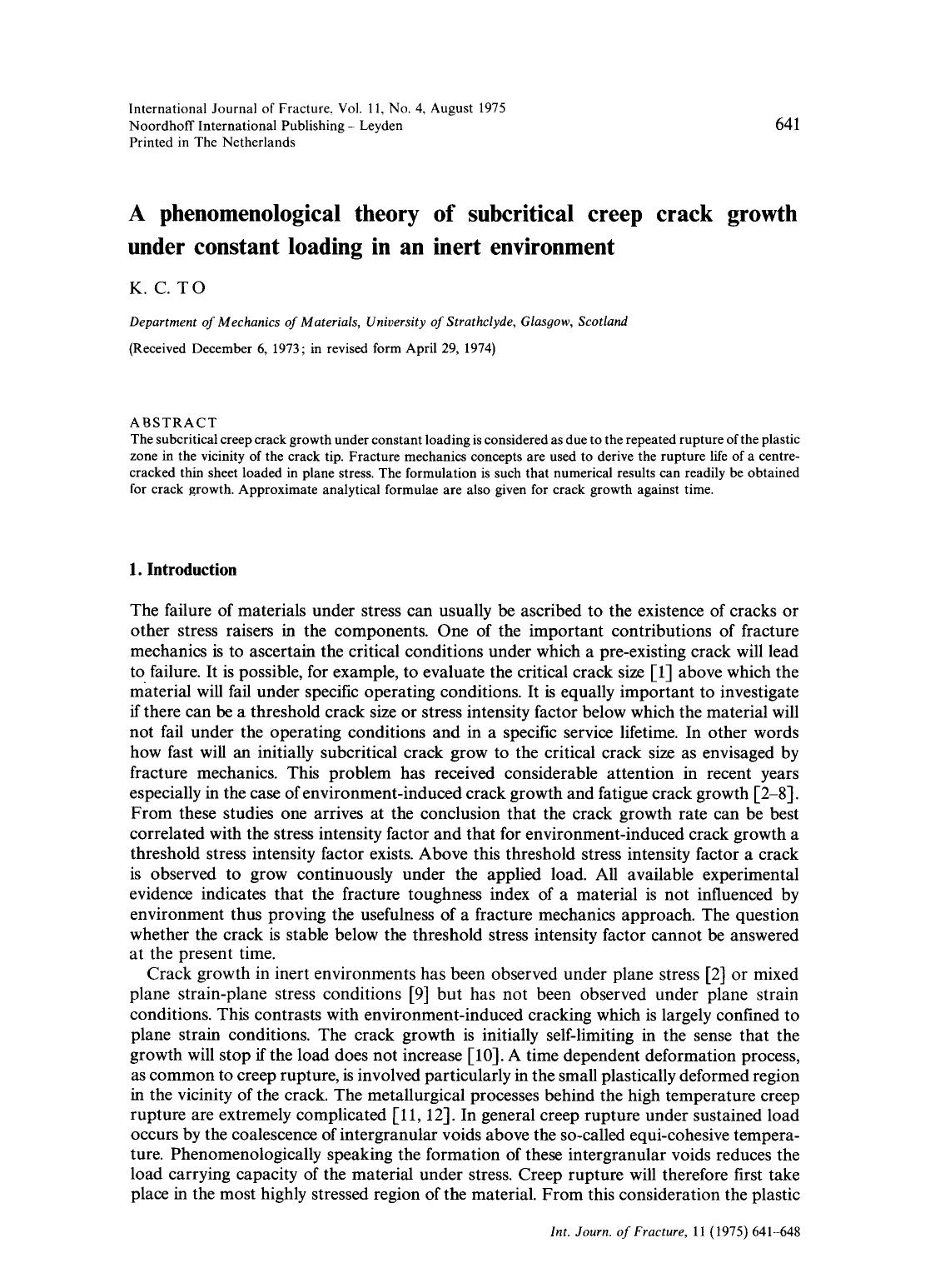 A phenomenological theory of subcritical creep crack growth under constant loading in an inert environment by Unknown
