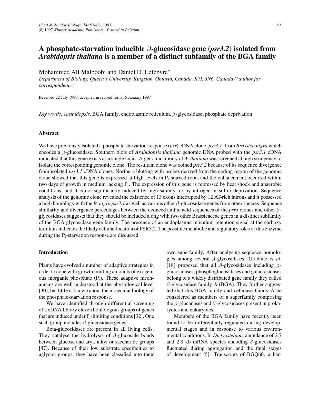 A phosphate-starvation inducible β-glucosidase gene (psr3.2) isolated from Arabidopsis thaliana is a member of a distinct subfamily of the BGA family by Unknown