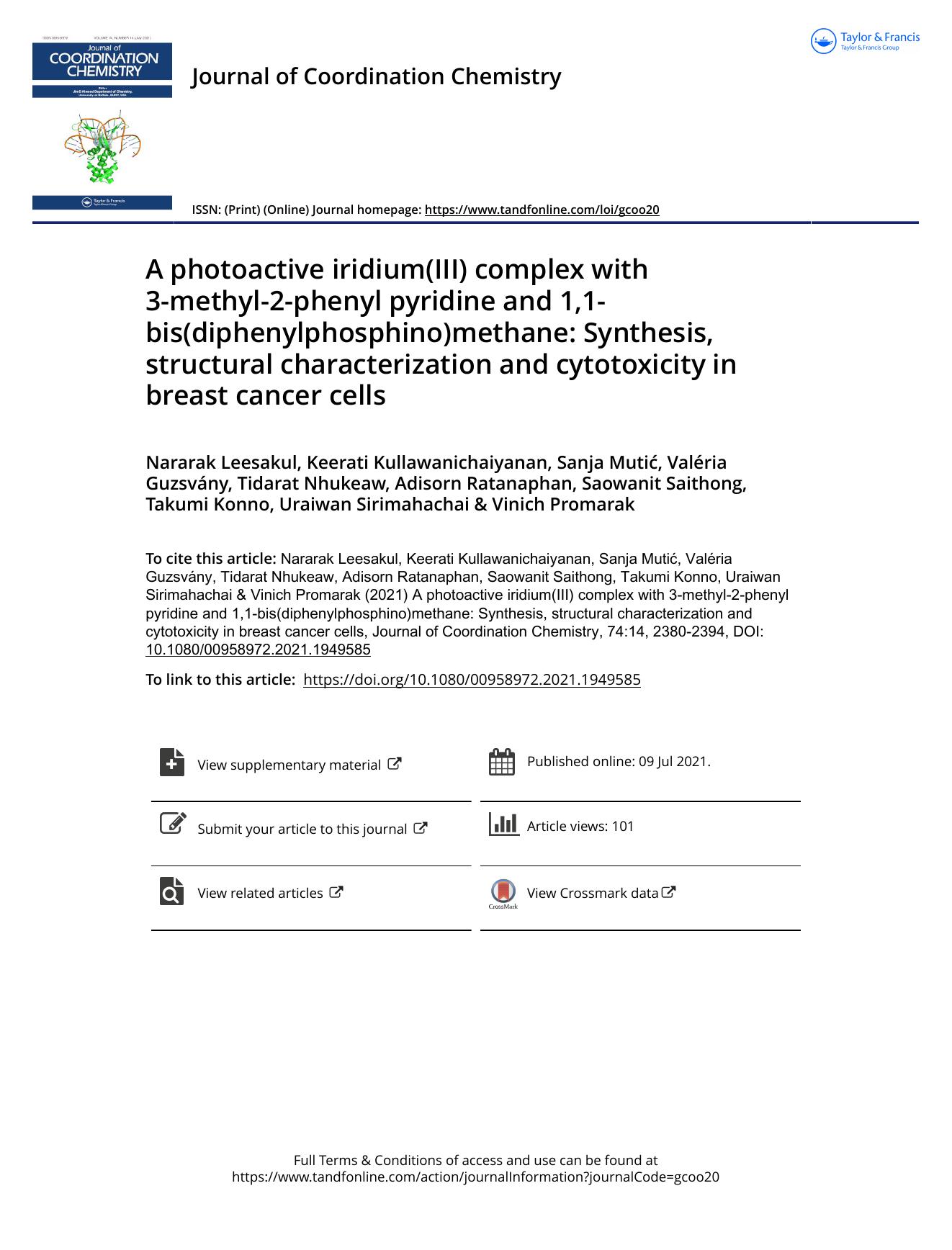 A photoactive iridium(III) complex with 3-methyl-2-phenyl pyridine and 1,1-bis(diphenylphosphino)methane: Synthesis, structural characterization and cytotoxicity in breast cancer cells by unknow