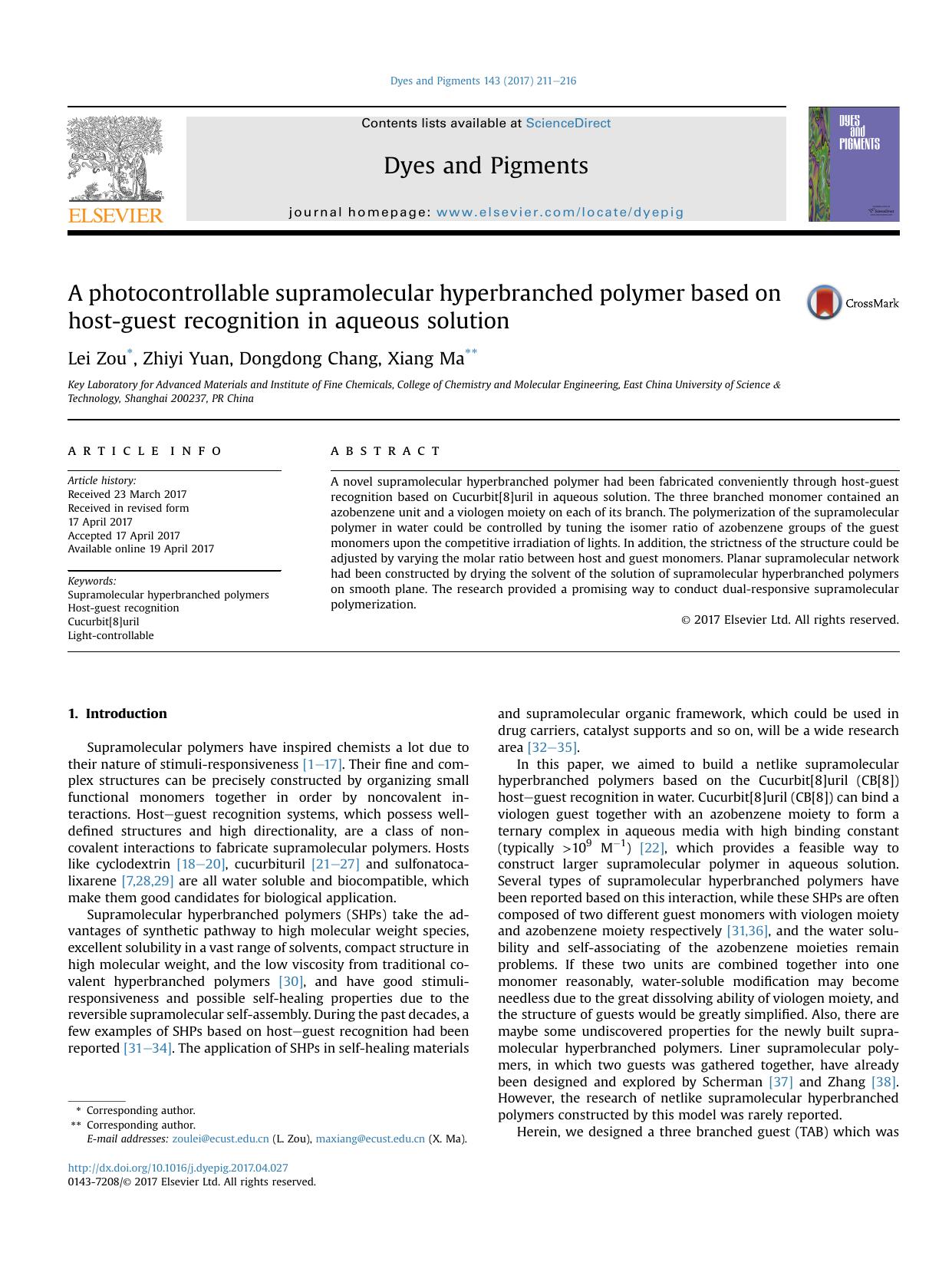 A photocontrollable supramolecular hyperbranched polymer based on host-guest recognition in aqueous solution by Lei Zou & Zhiyi Yuan & Dongdong Chang & Xiang Ma