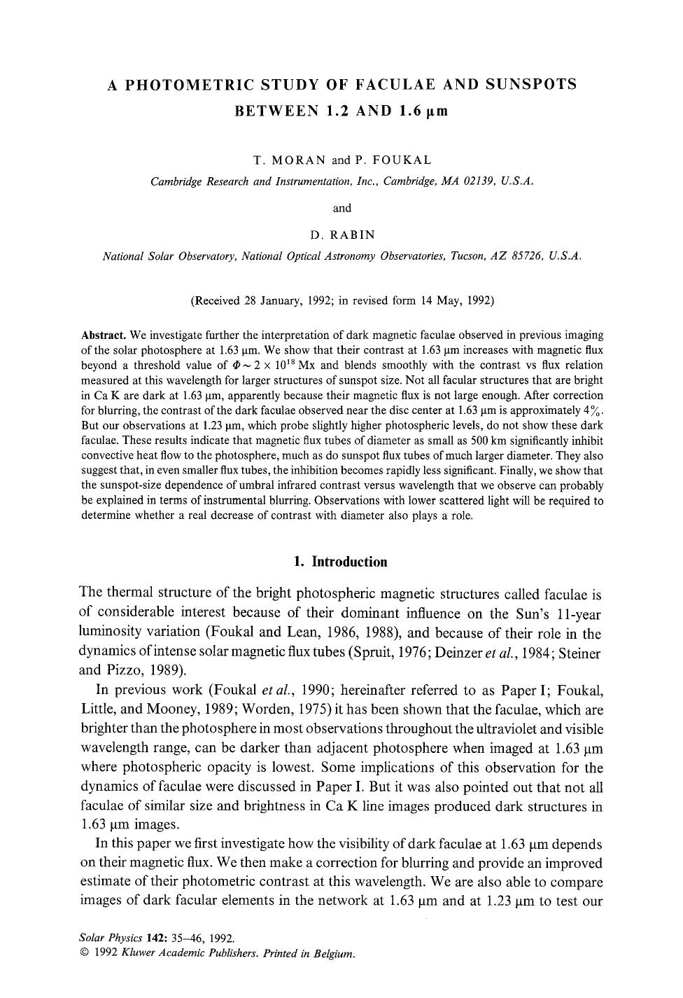 A photometric study of faculae and sunspots between 1.2 and 1.6 μm by Unknown