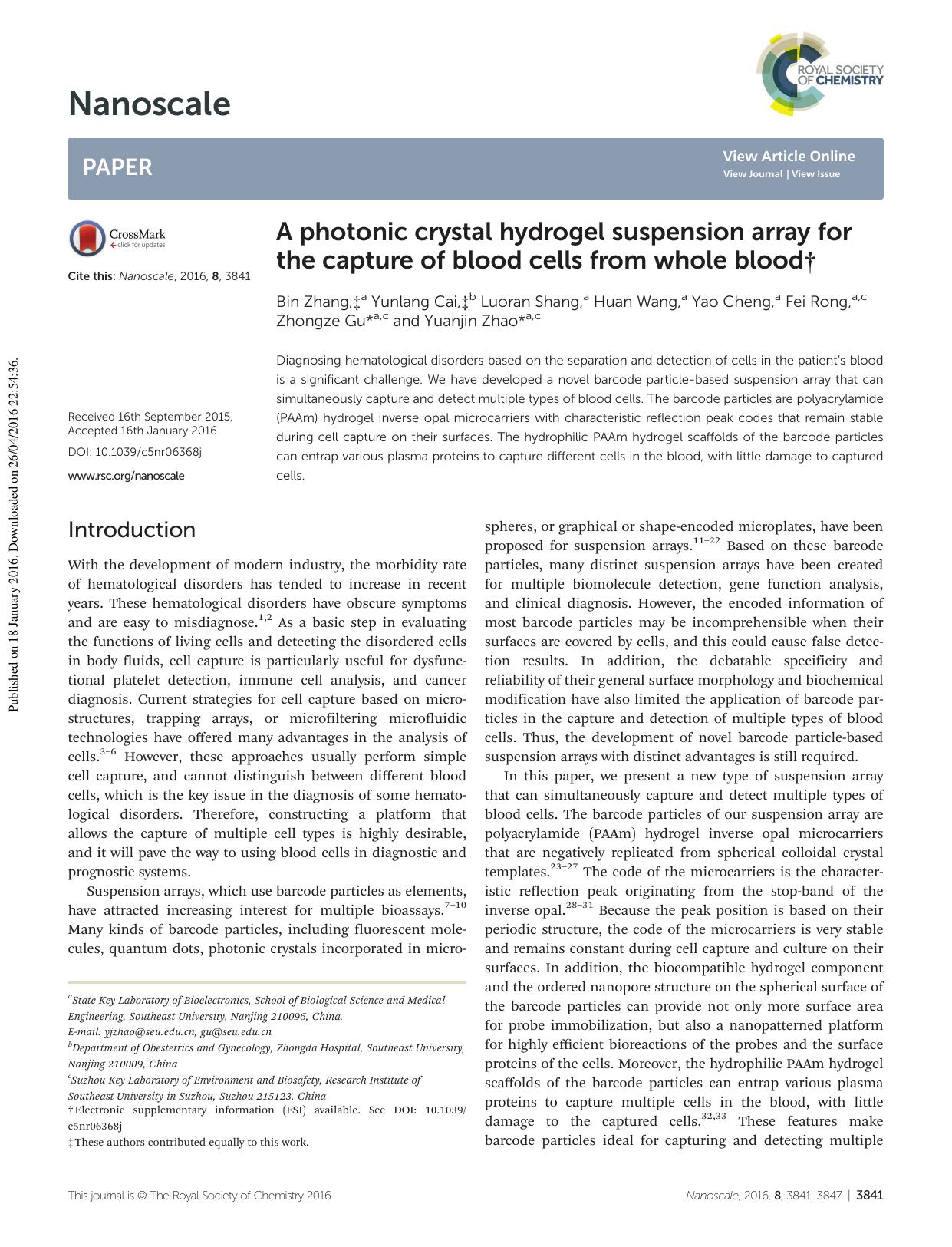 A photonic crystal hydrogel suspension array for the capture of blood cells from whole blood by Bin Zhang Yunlang Cai Luoran Shang Huan Wang Yao Cheng Fei Rong Zhongze Gu Yuanjin Zhao