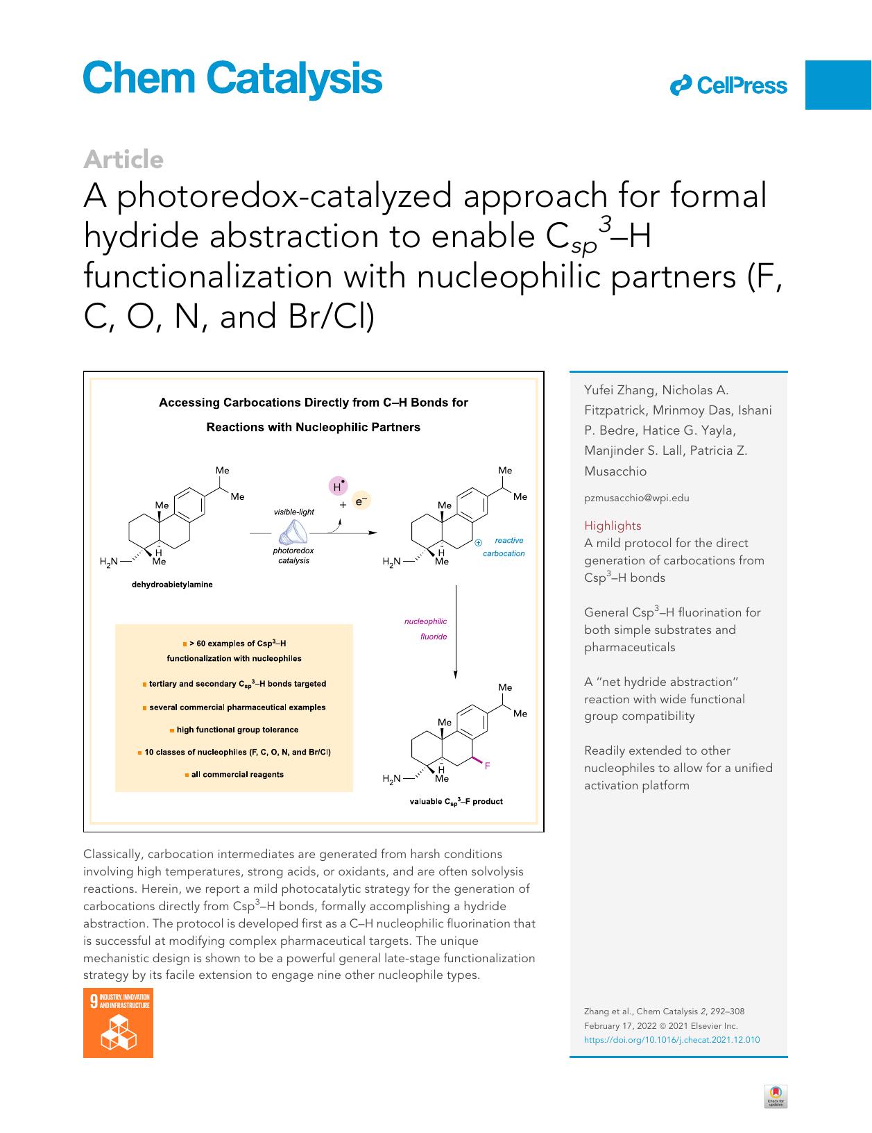 A photoredox-catalyzed approach for formal hydride abstraction to enable Csp3-H functionalization with nucleophilic partners (F, C, O, N, and BrCl) by Yufei Zhang