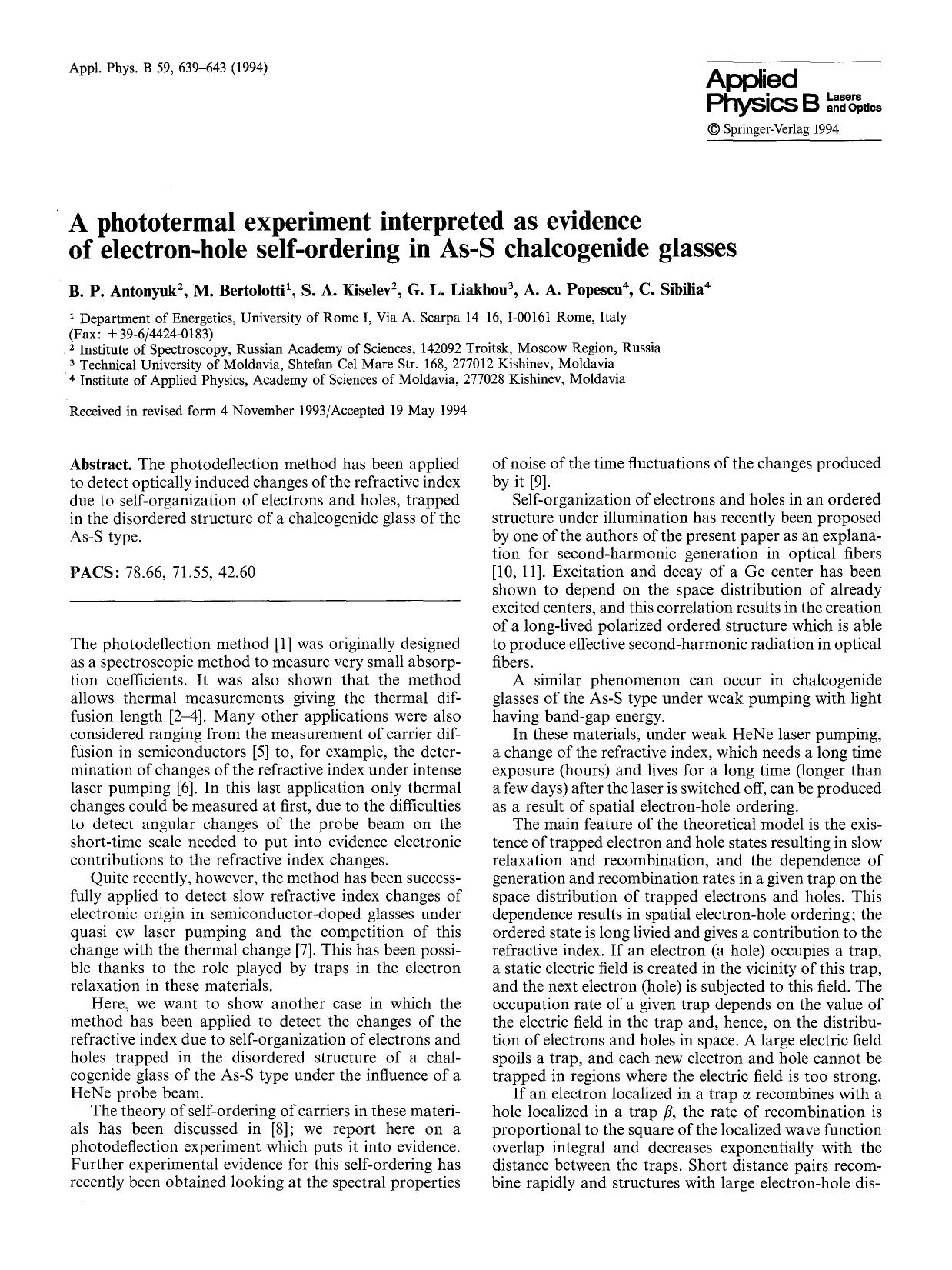 A phototermal experiment interpreted as evidence of electron-hole self-ordering in As-S chalcogenide glasses by Unknown