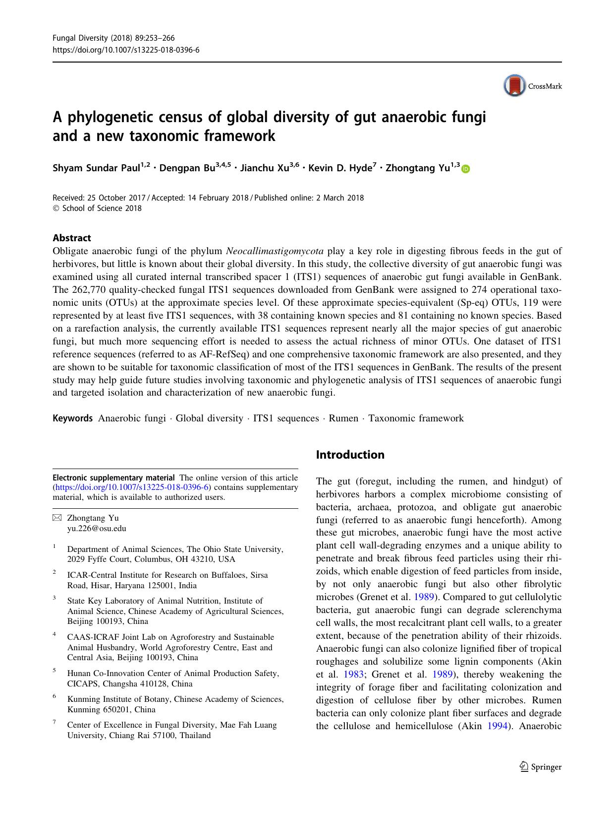 A phylogenetic census of global diversity of gut anaerobic fungi and a new taxonomic framework by Shyam Sundar Paul & Dengpan Bu & Jianchu Xu & Kevin D. Hyde & Zhongtang Yu