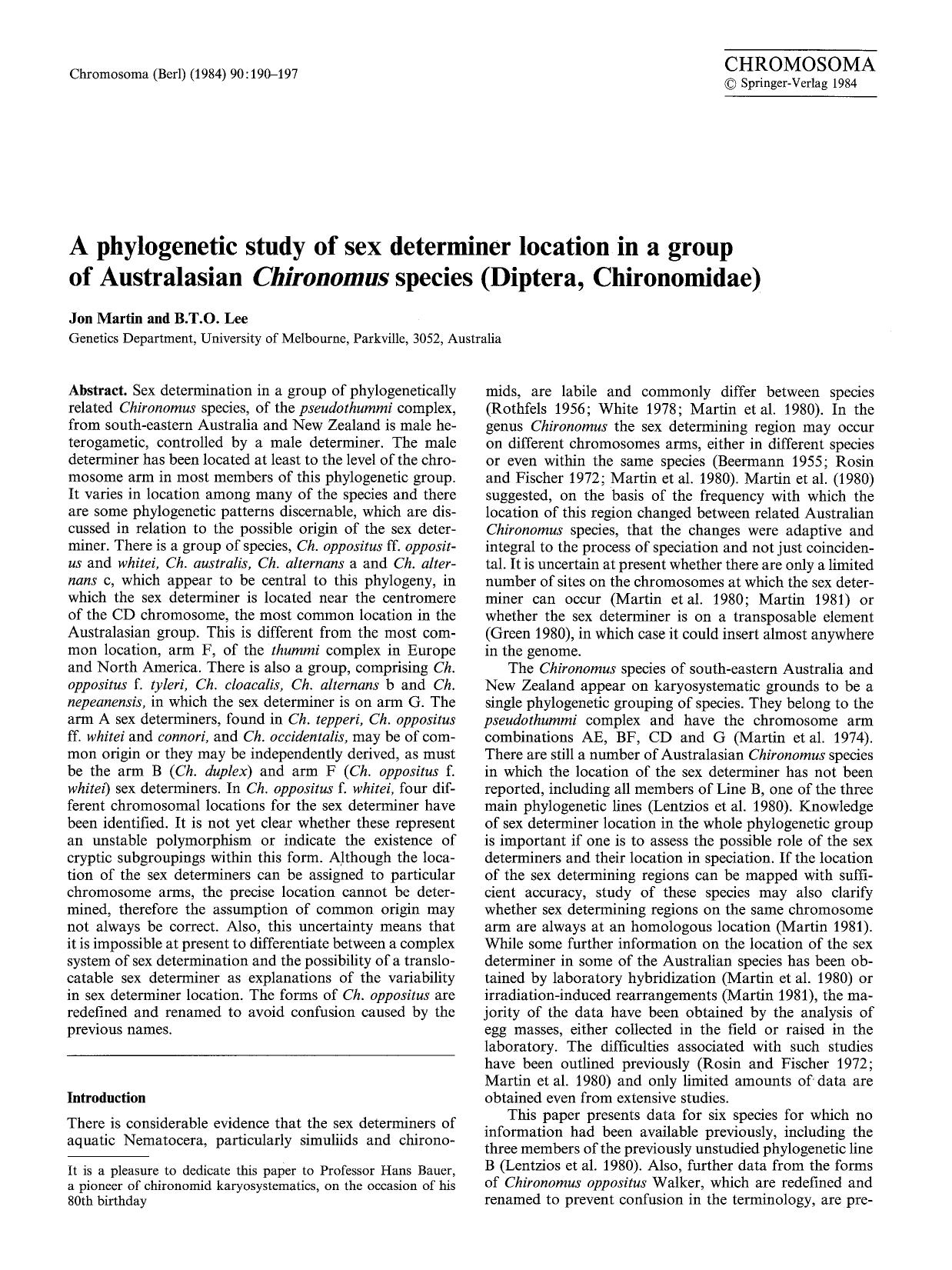 A phylogenetic study of sex determiner location in a group of Australasian <Emphasis Type="Italic">Chironomus<Emphasis> species (Diptera, Chironomidae) by Unknown