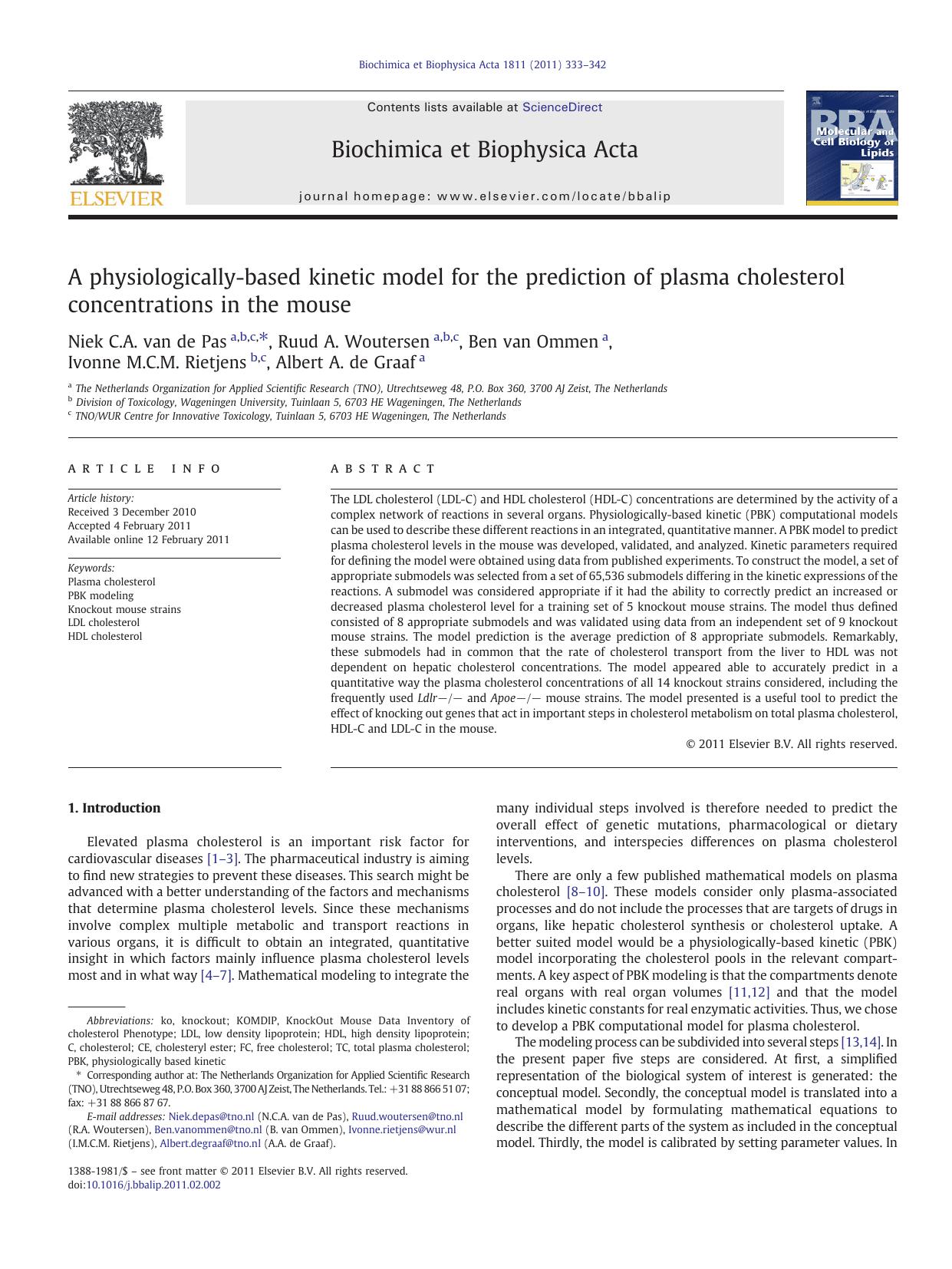A physiologically-based kinetic model for the prediction of plasma cholesterol concentrations in the mouse by unknow