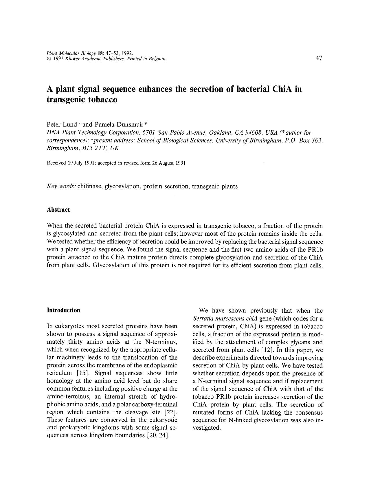 A plant signal sequence enhances the secretion of bacterial ChiA in transgenic tobacco by Unknown