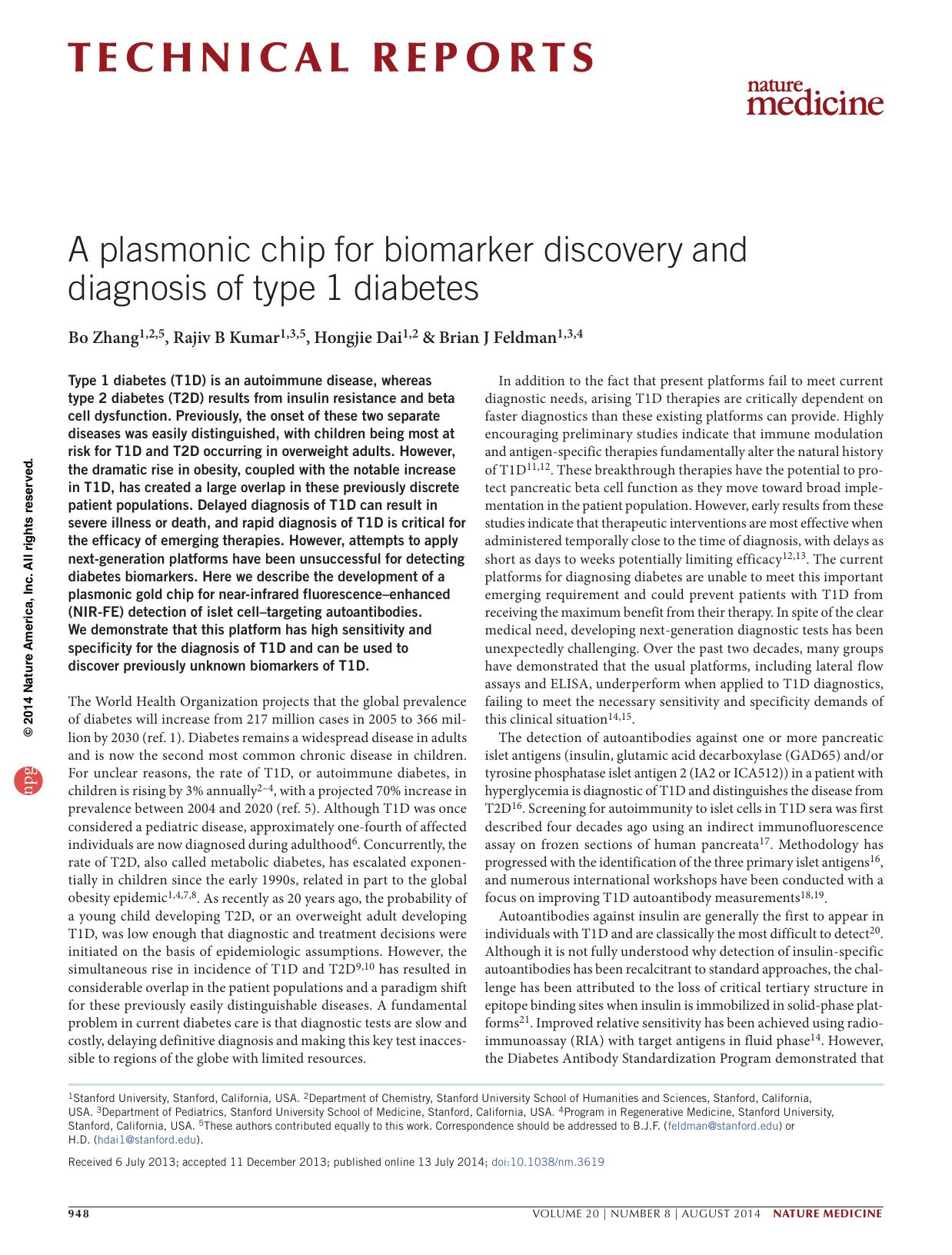 A plasmonic chip for biomarker discovery and diagnosis of type 1 diabetes by Bo Zhang & Rajiv B Kumar & Hongjie Dai & Brian J Feldman