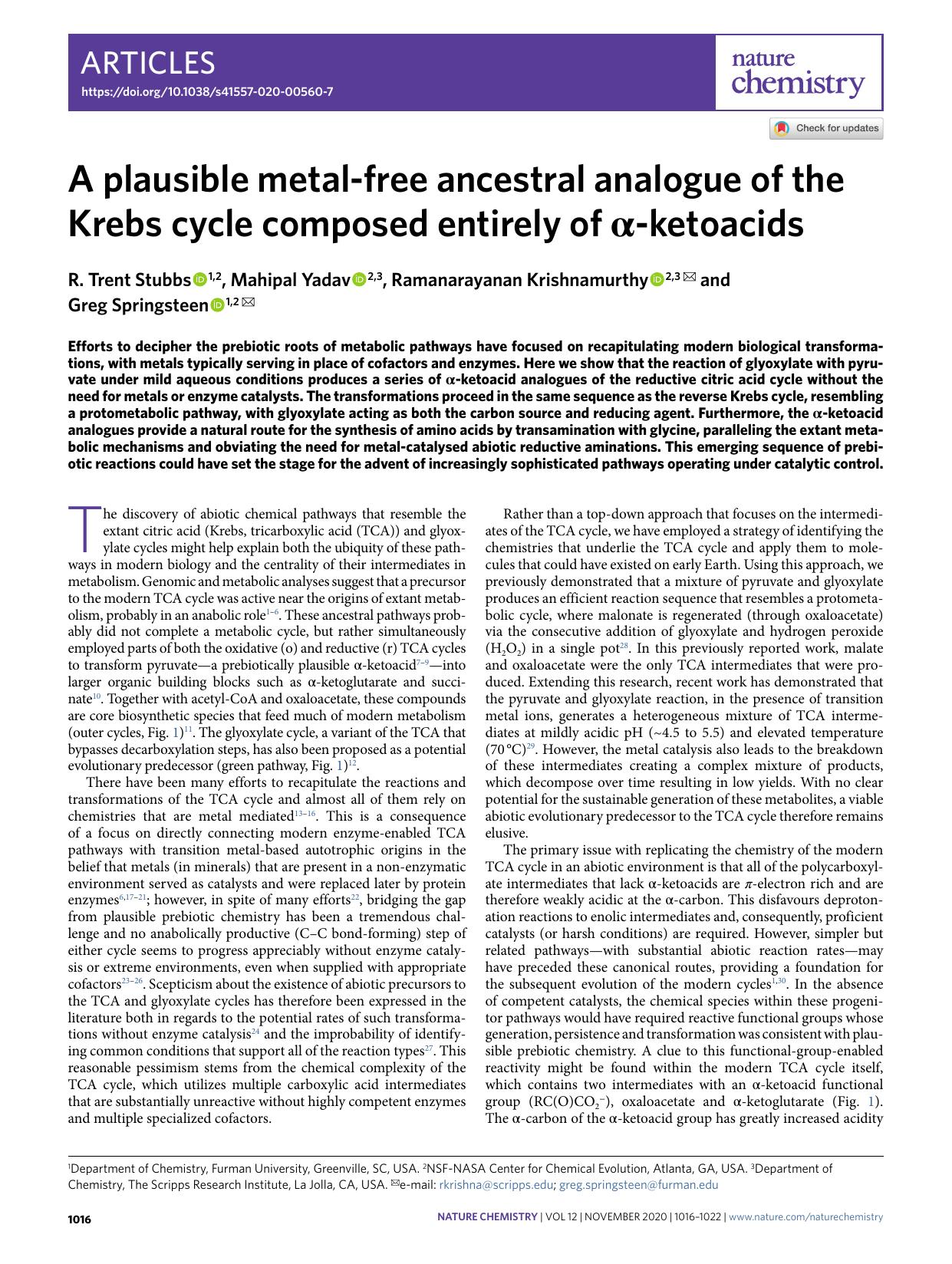 A plausible metal-free ancestral analogue of the Krebs cycle composed entirely of Î±-ketoacids by R. Trent Stubbs & Mahipal Yadav & Ramanarayanan Krishnamurthy & Greg Springsteen