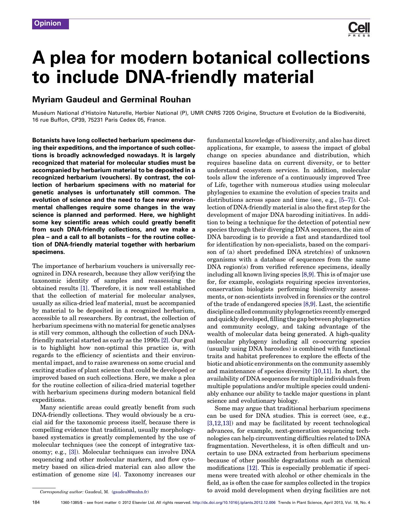 A plea for modern botanical collections to include DNA-friendly material by Myriam Gaudeul & Germinal Rouhan