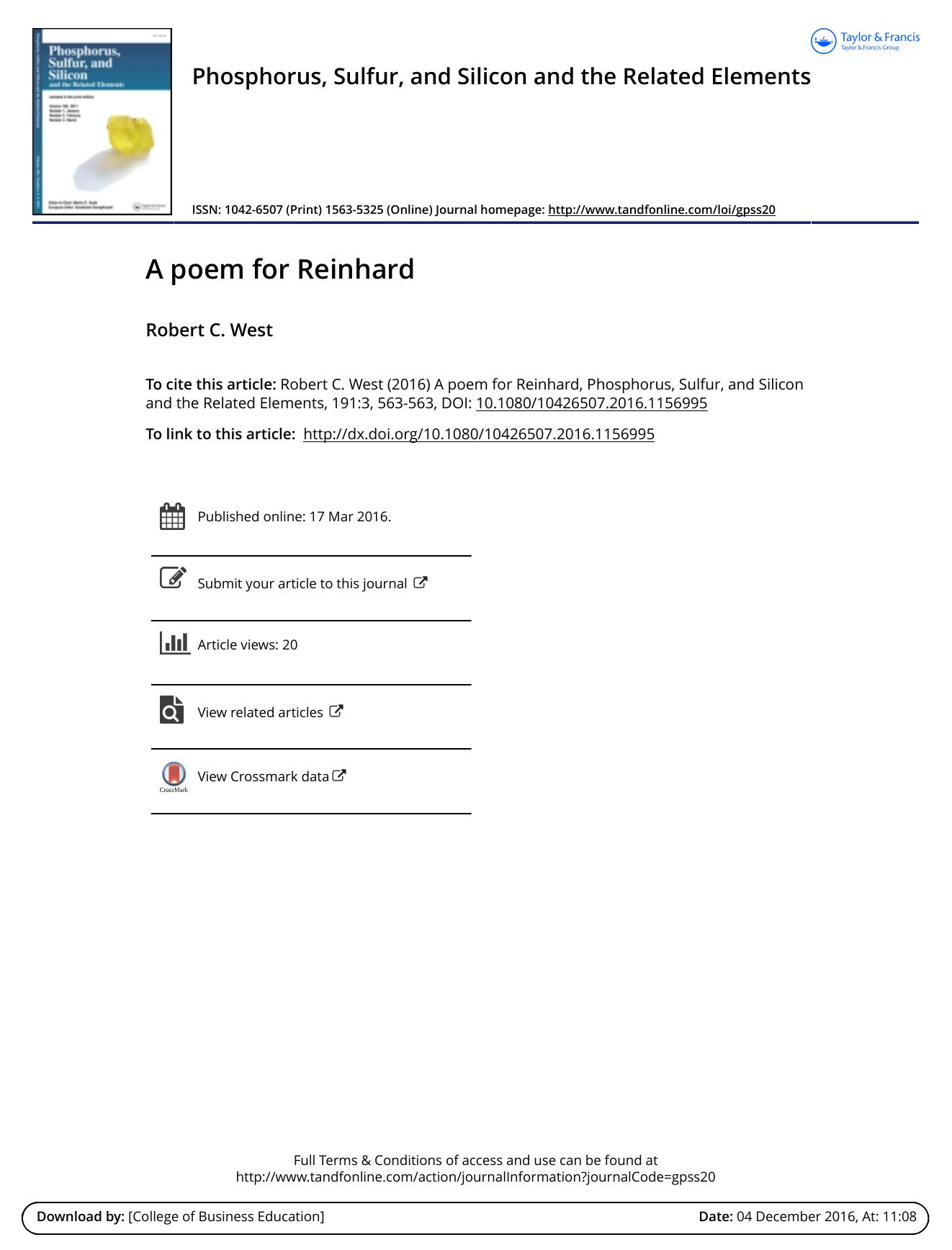 A poem for Reinhard by Robert C. West