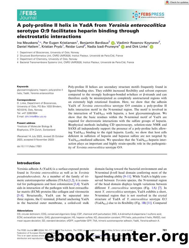 A polyâproline II helix in YadA from Yersinia enterocolitica serotype O:9 facilitates heparin binding through electrostatic interactions by Unknown