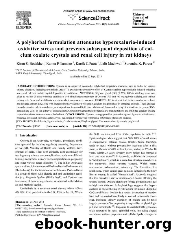 A polyherbal formulation attenuates hyperoxaluria-induced oxidative stress and prevents subsequent deposition of calcium oxalate crystals and renal cell injury in rat kidneys by Kiran S. Bodakhe & Kamta P Namdeo & Kartik C. Patra & Lalit Machwal & Surendra K. Pareta