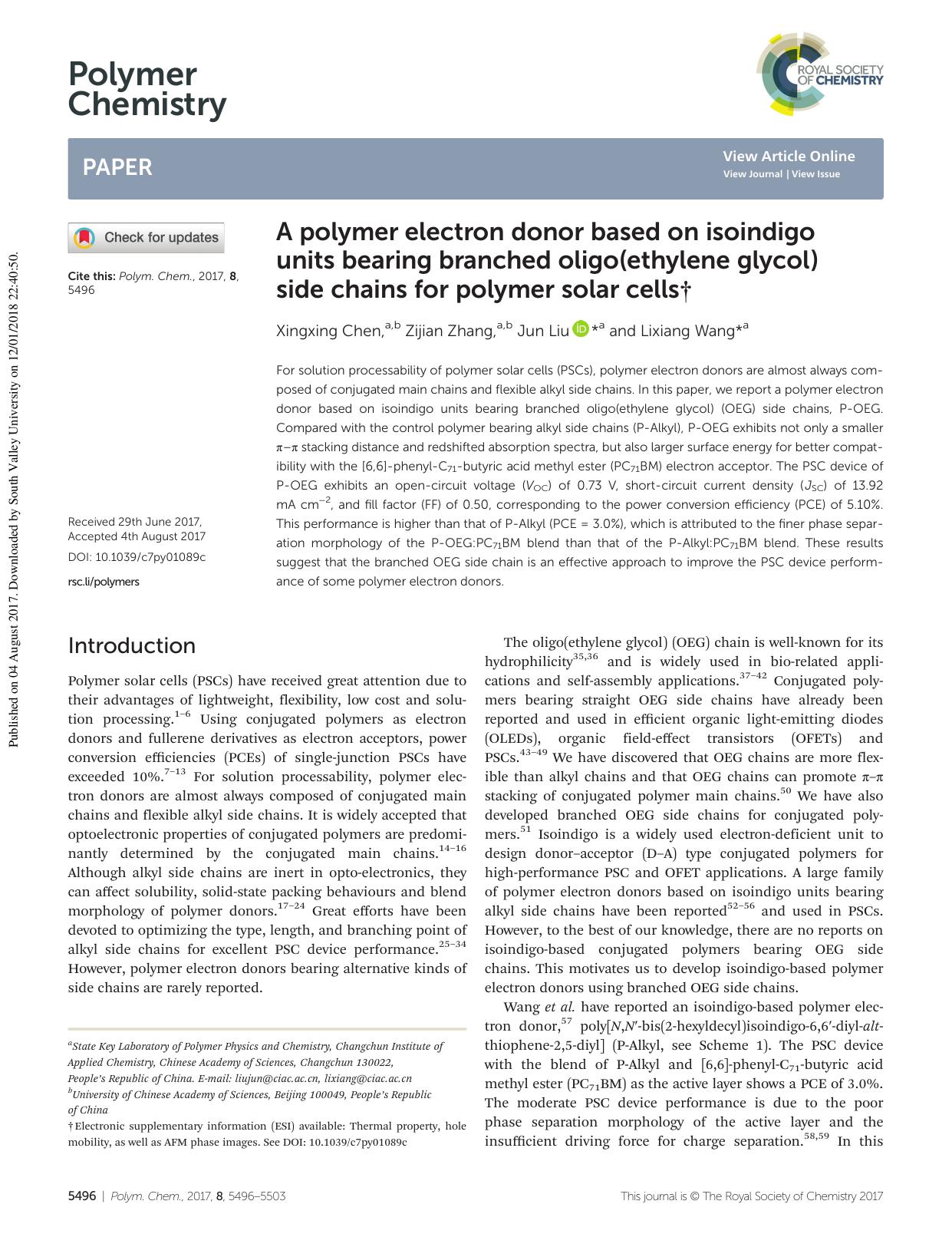 A polymer electron donor based on isoindigo units bearing branched oligo(ethylene glycol) side chains for polymer solar cells by Xingxing Chen Zijian Zhang Jun Liu Lixiang Wang