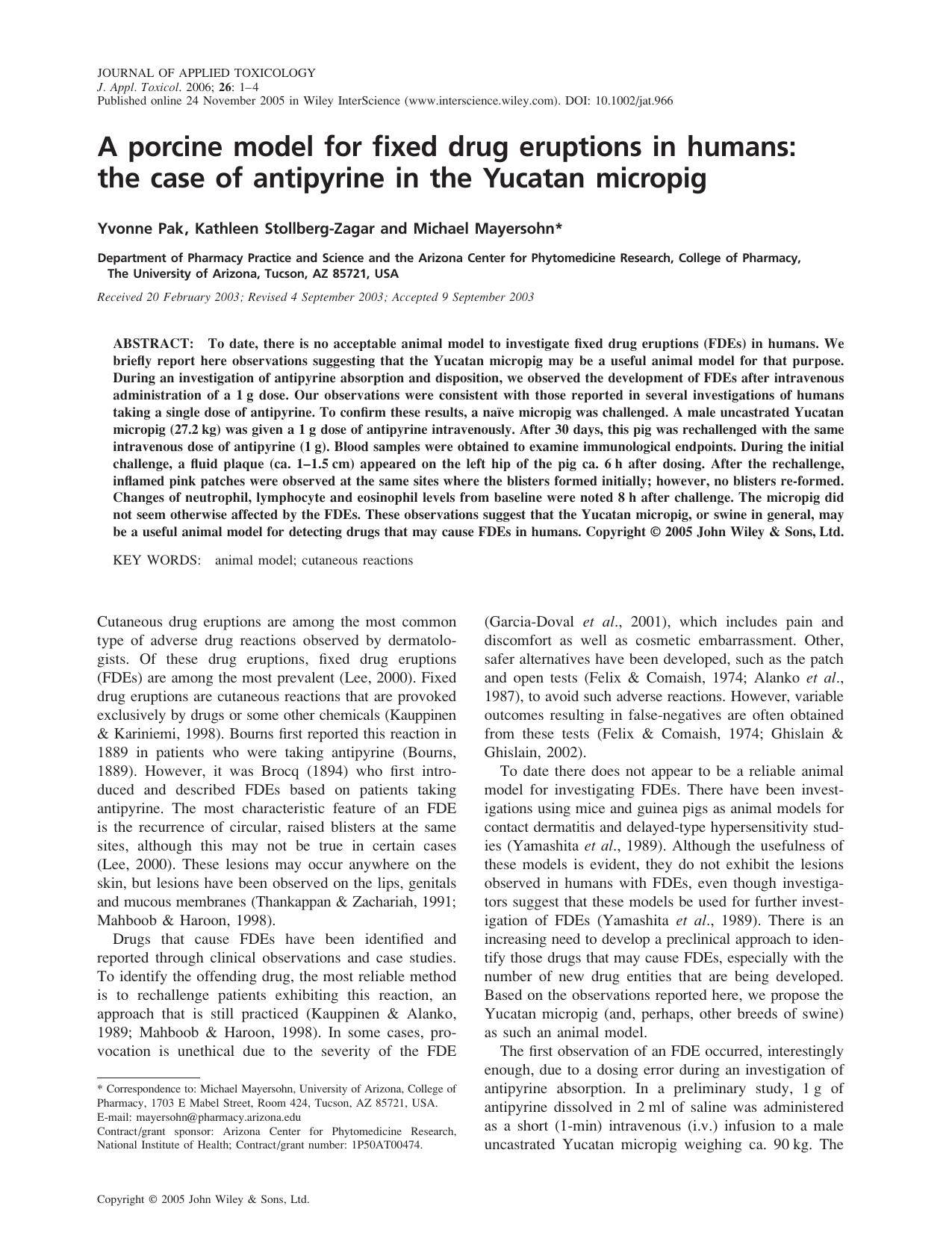 A porcine model for fixed drug eruptions in humans: the case of antipyrine in the Yucatan micropig by Fu