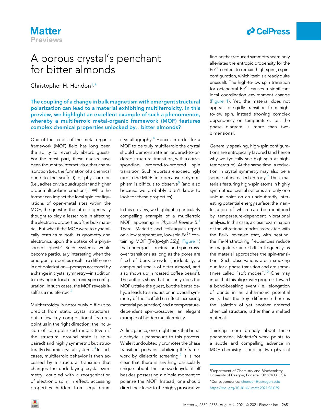 A porous crystal's penchant for bitter almonds by Christopher H. Hendon