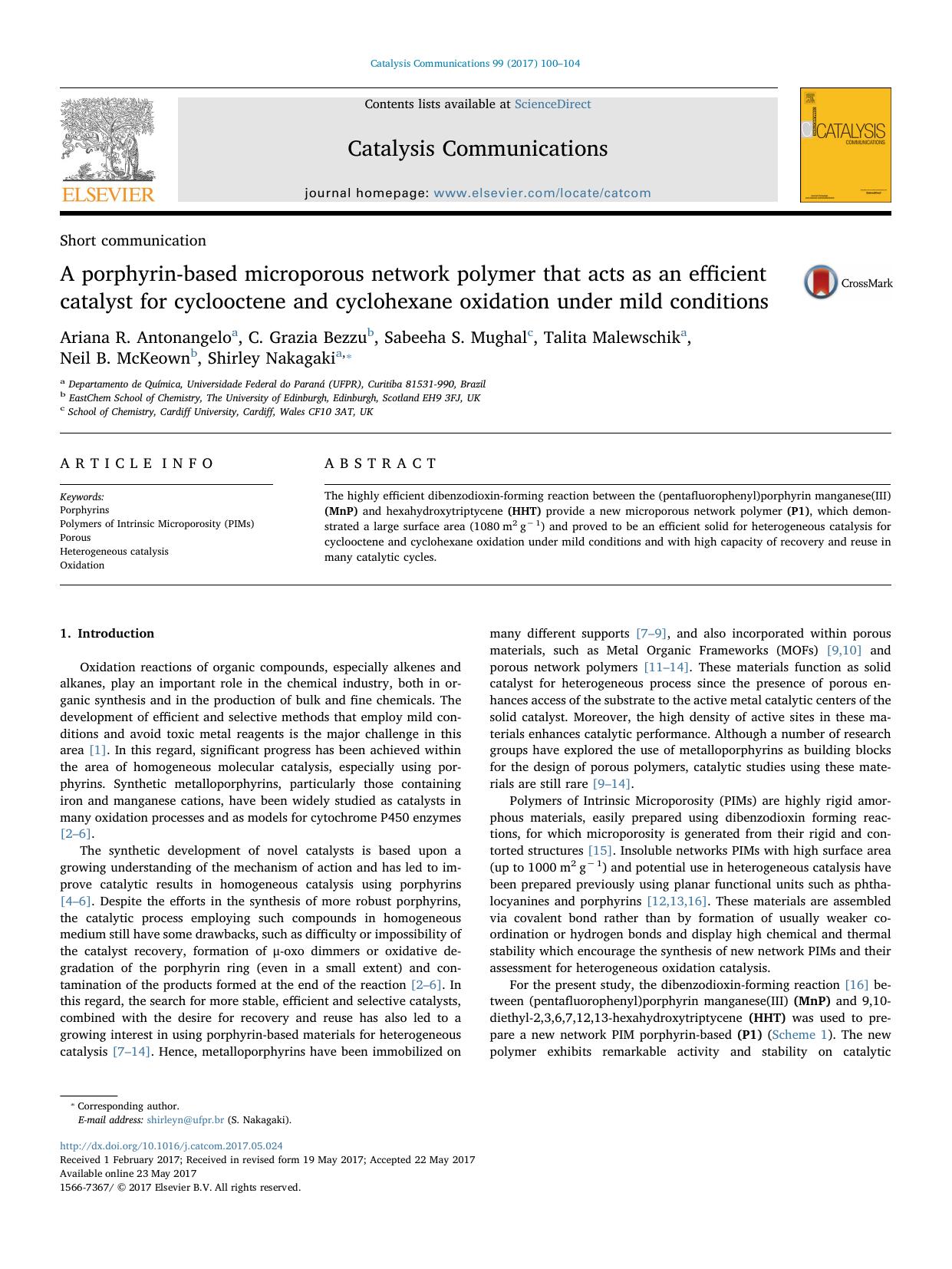 A porphyrin-based microporous network polymer that acts as an efficient catalyst for cyclooctene and cyclohexane oxidation under mild conditions by unknow