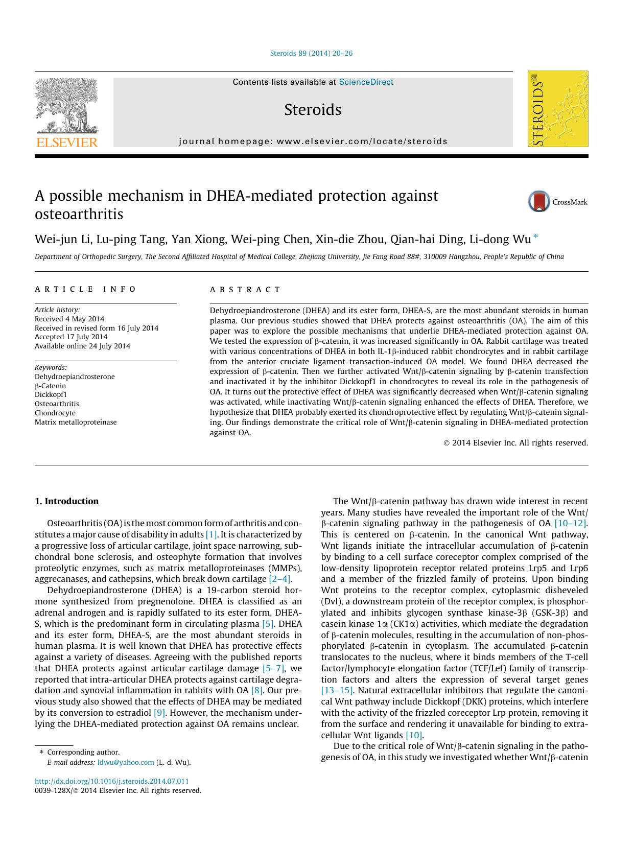 A possible mechanism in DHEA-mediated protection against osteoarthritis by Wei-jun Li & Lu-ping Tang & Yan Xiong & Wei-ping Chen & Xin-die Zhou & Qian-hai Ding & Li-dong Wu