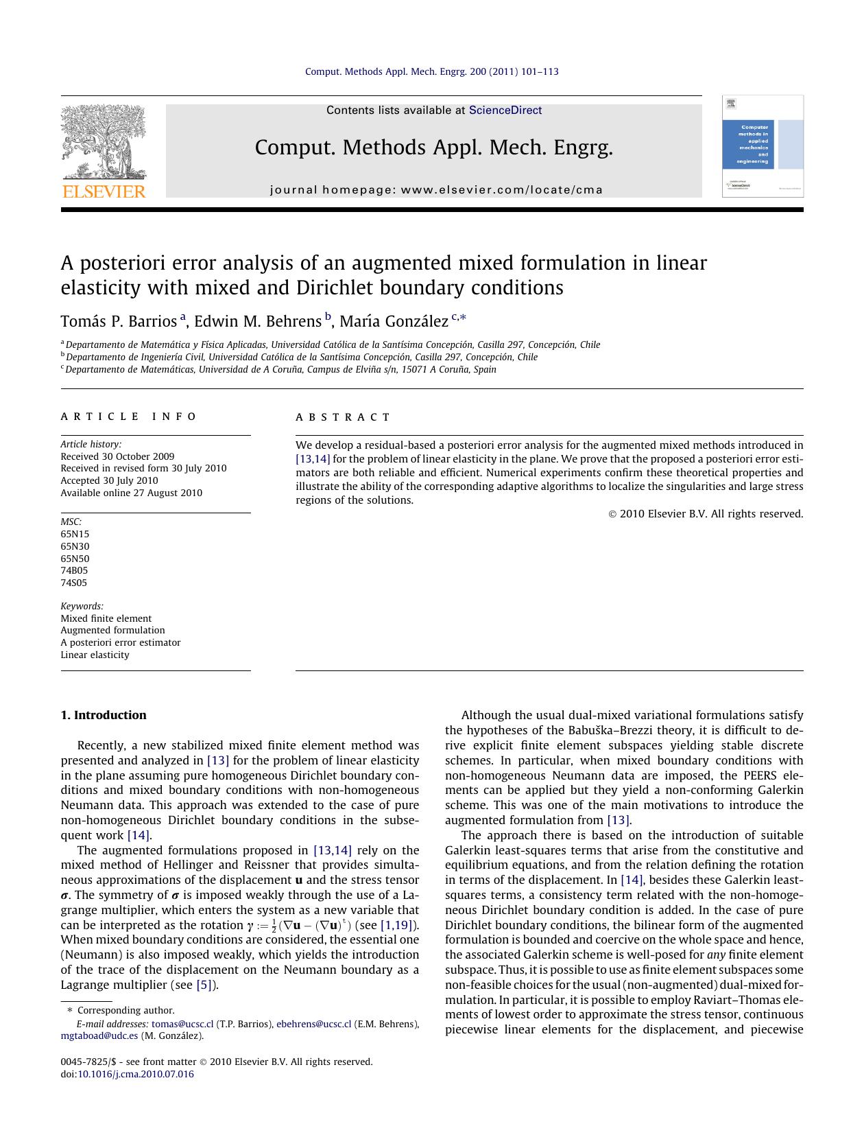 A posteriori error analysis of an augmented mixed formulation in linear elasticity with mixed and Dirichlet boundary conditions by TomÃ¡s P. Barrios & Edwin M. Behrens & Marı́a González