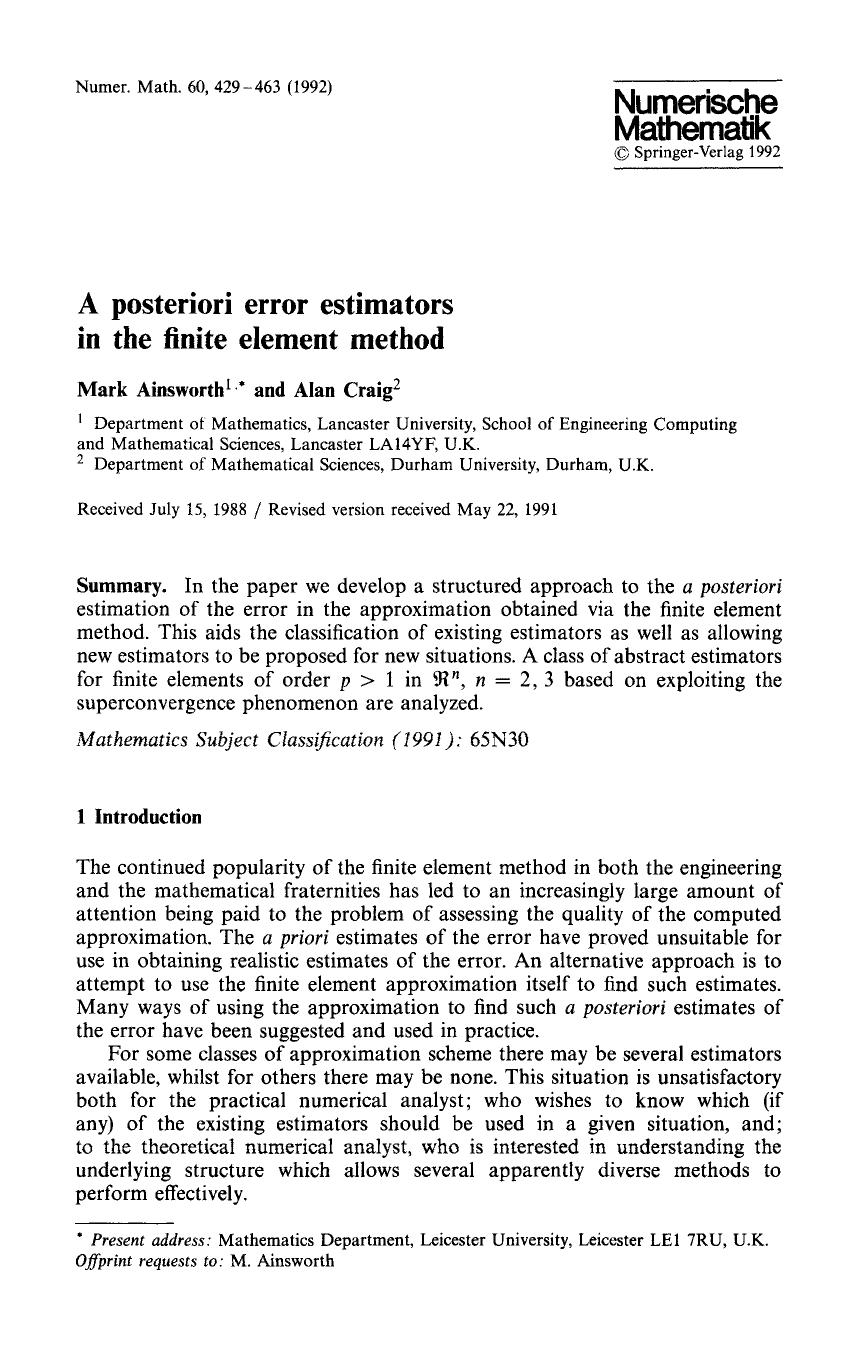 A posteriori error estimators in the finite element method by Unknown